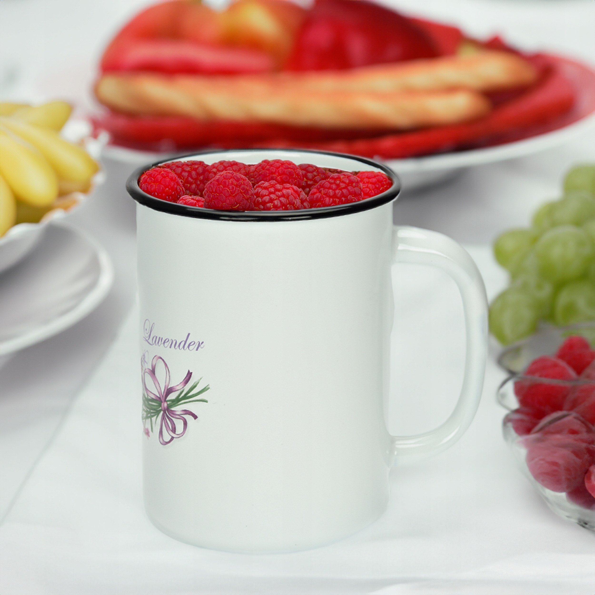 KUBEK GŁADKI EMALIOWANY 1,5L WZÓR LAWENDA SOLIDNY NA NAPOJE MLEKO KOMPOT