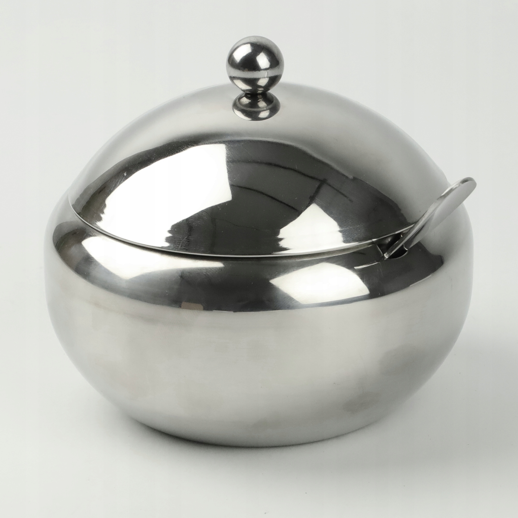 CUKIERNICA Z ŁYŻECZKĄ OKRĄGŁA STALOWA CUKIERNICZKA POJEMNIK NA CUKIER