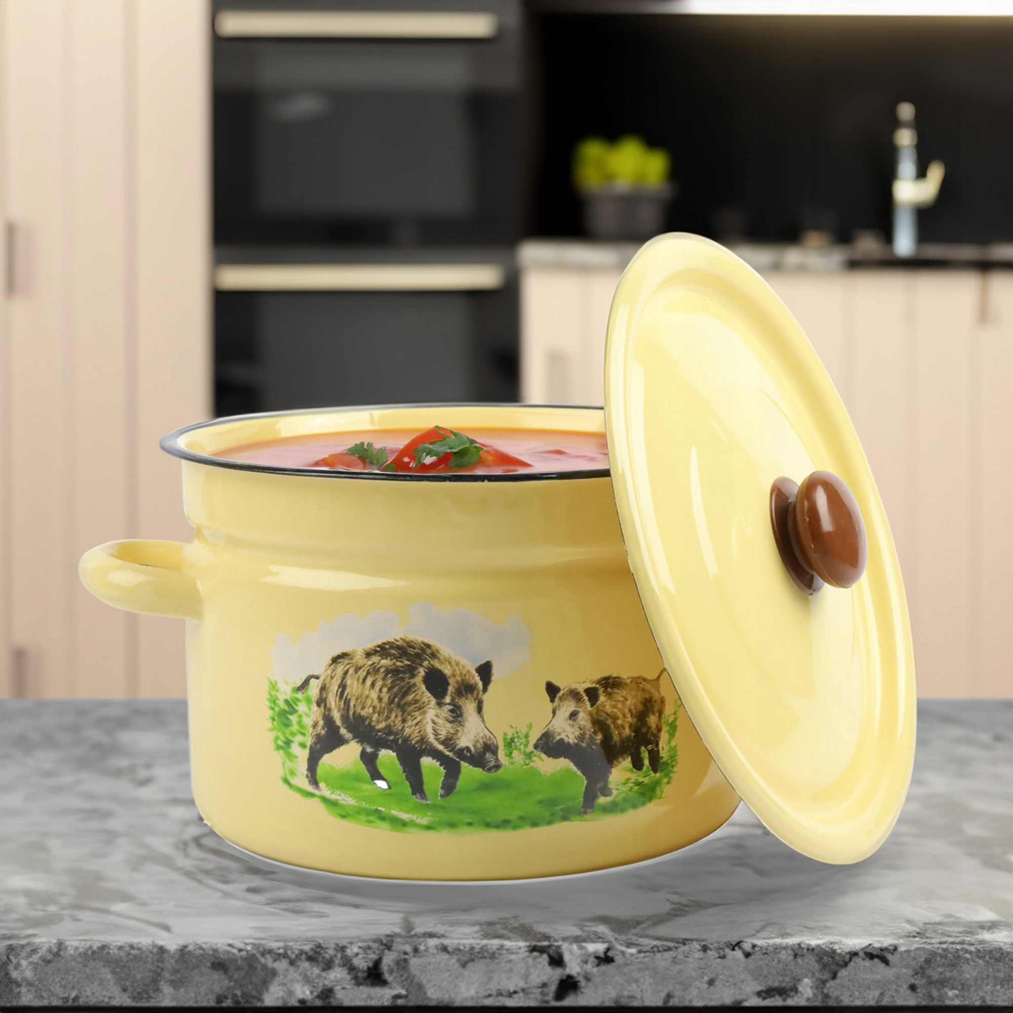 GARNEK EMALIOWANY 9 L Z POKRYWKĄ WZÓR DZIK DO GOTOWANIA POTRAW PRZETWORÓW