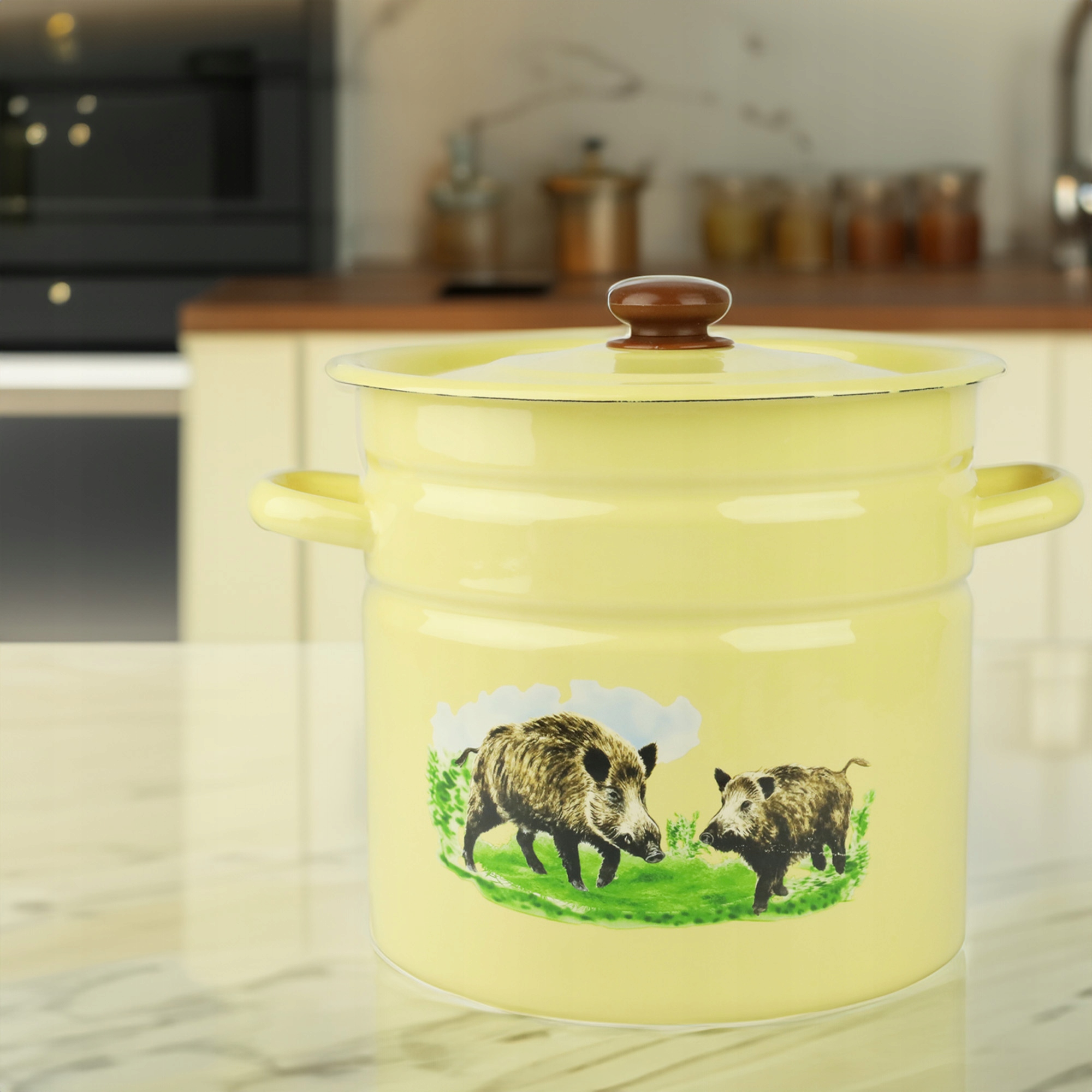 GARNEK EMALIOWANY 12 L Z POKRYWKĄ WZÓR DZIK DO GOTOWANIA POTRAW PRZETWORÓW