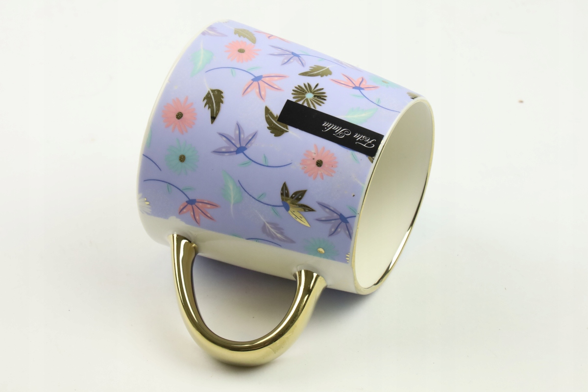 KUBEK PORCELANOWY DO KAWY HERBATY WZÓR KWIATY 400ML ZE ZŁOTYM UCHEM