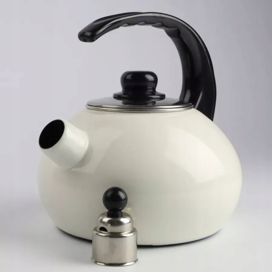 CZAJNIK EMALIOWANY NOWOCZESNY ECRU Z GWIZDKIEM STAL 2,5 L INDUKCJA GAZ