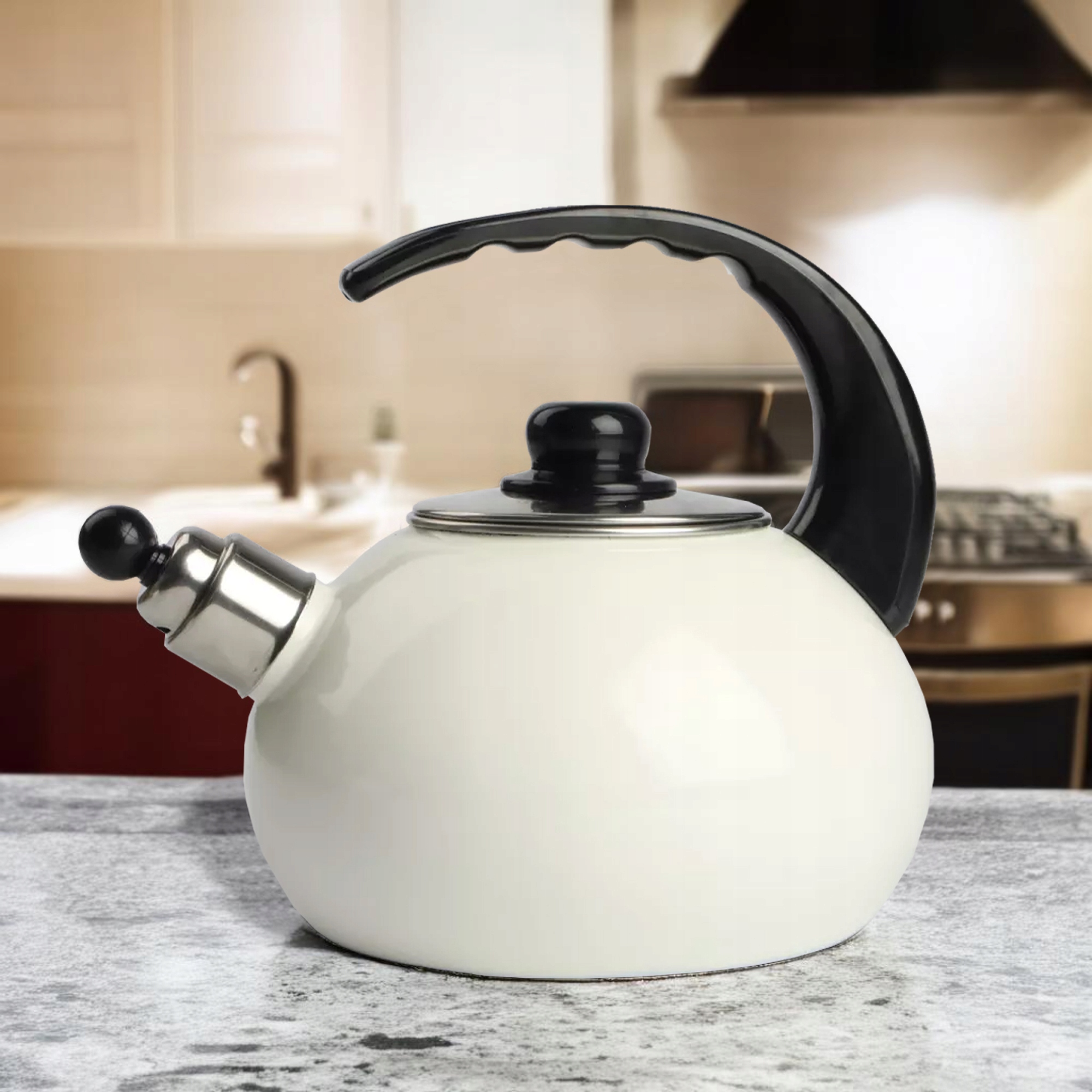 CZAJNIK EMALIOWANY NOWOCZESNY ECRU Z GWIZDKIEM STAL 2,5 L INDUKCJA GAZ