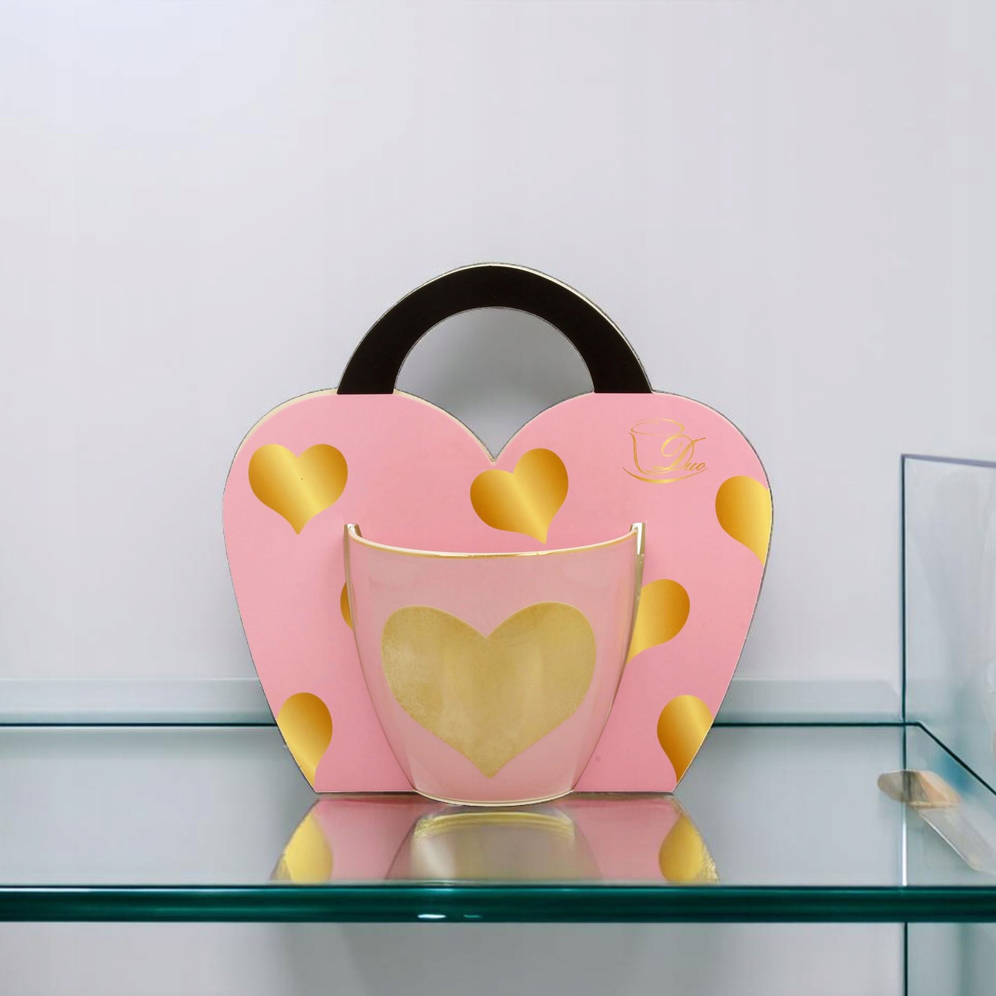 KUBEK RÓŻOWY SERCE DUŻY 460ML Z UCHEM UNIWERSALNY PORCELANA DO KAWY HERBATY