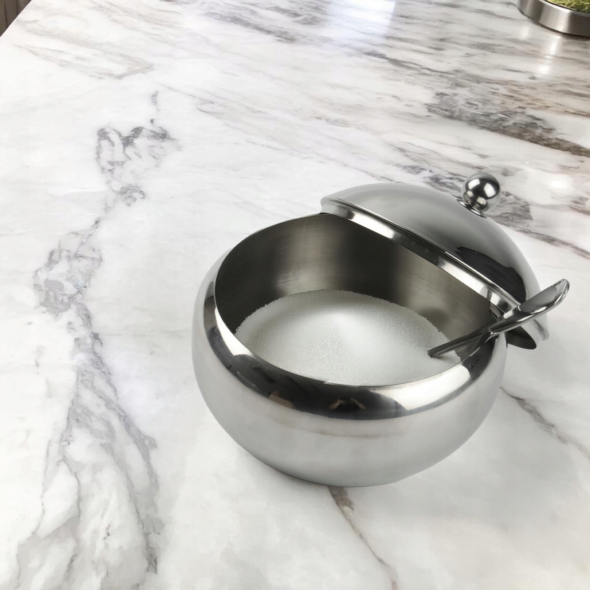 CUKIERNICA Z ŁYŻECZKĄ OKRĄGŁA STALOWA CUKIERNICZKA POJEMNIK NA CUKIER