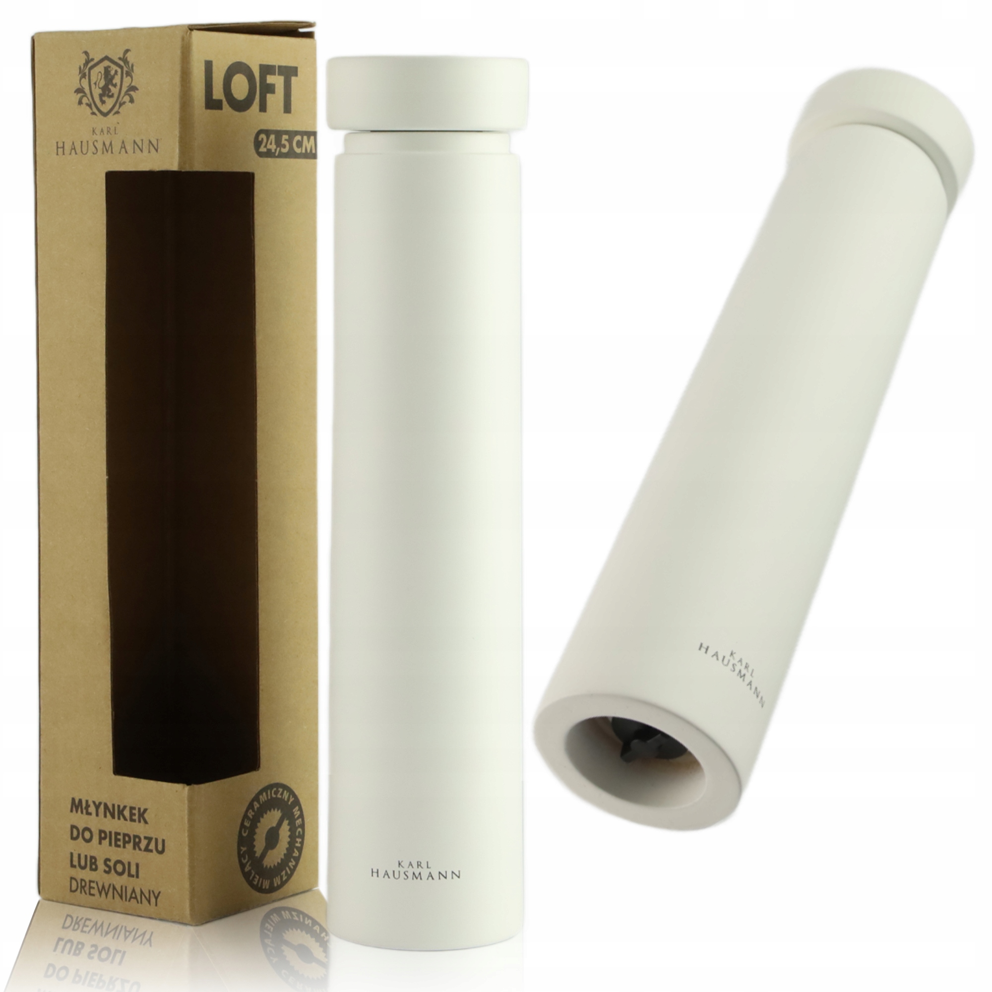 RĘCZNY MŁYNEK DO MIELENIA SOLI PIEPRZU PRZYPRAW BIAŁY DREWNIANY 24,5 CM