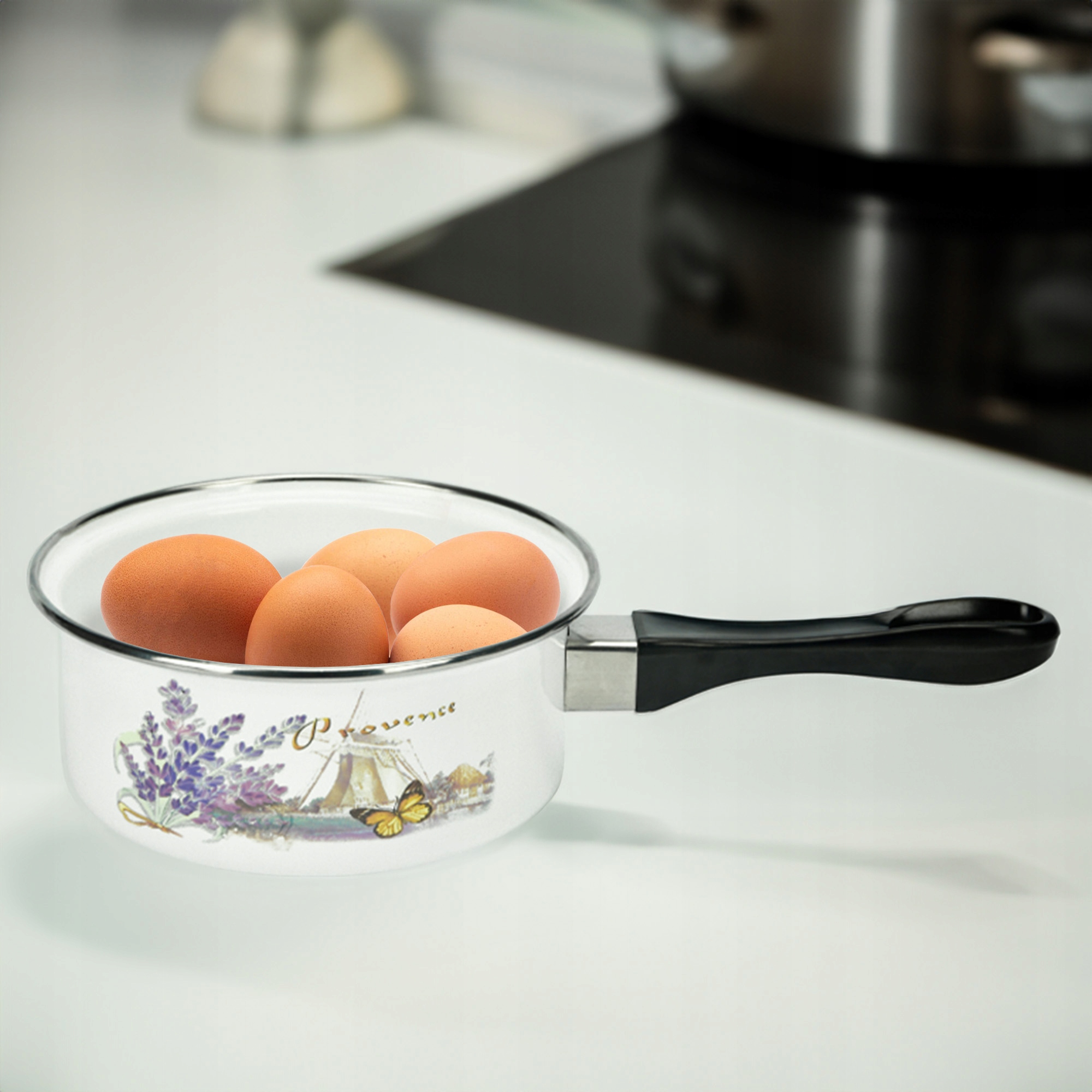 EMALIOWANY RONDELEK DO GOTOWANIA MLEKA JAJEK 900ML Z RĄCZKĄ WZÓR MŁYN 16CM