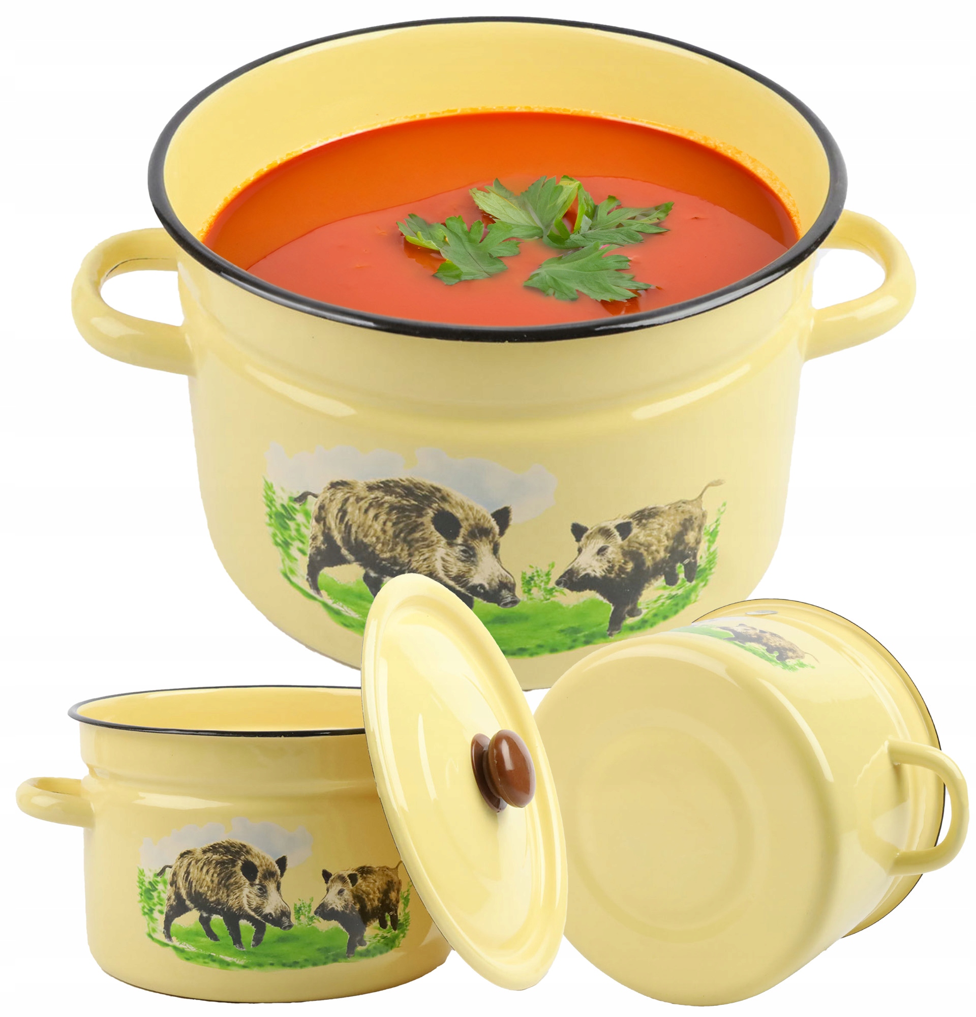 GARNEK EMALIOWANY 9 L Z POKRYWKĄ WZÓR DZIK DO GOTOWANIA POTRAW PRZETWORÓW