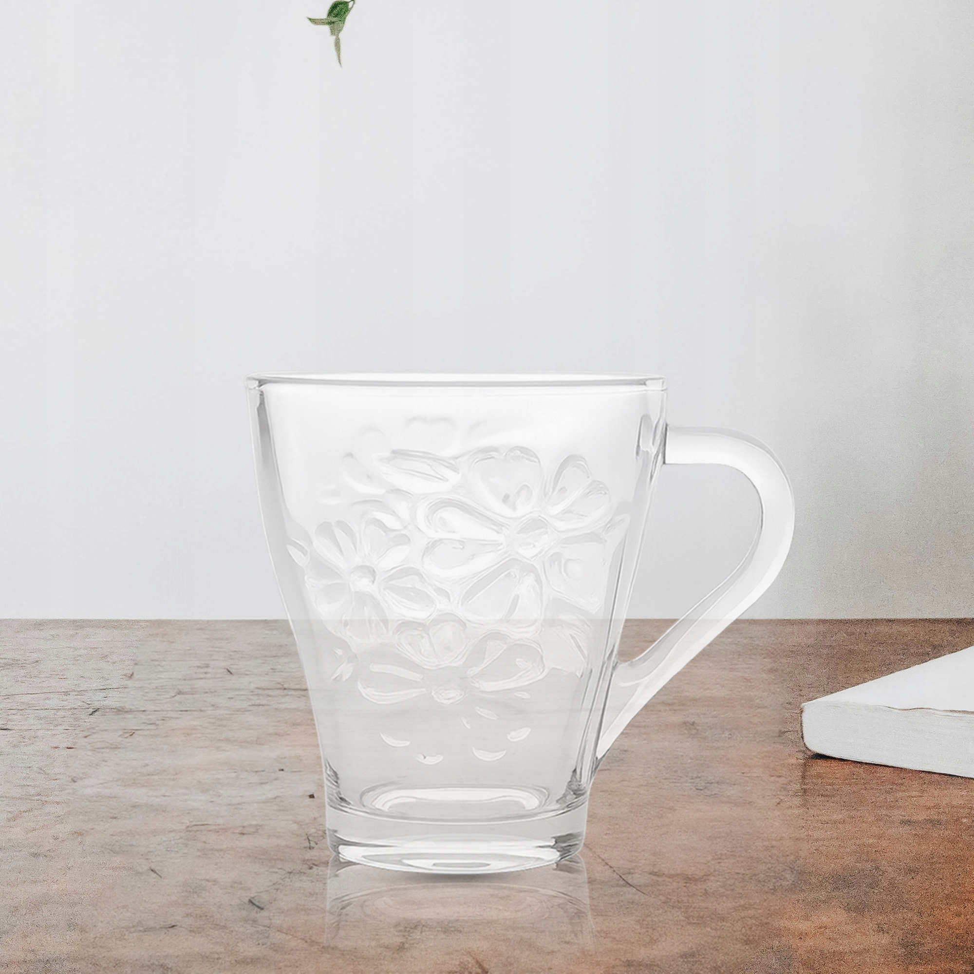 KUBEK SZKLANY Z UCHEM SZKLANKA DO KAWY HERBATY 250 ML GRUBE SZKŁO ZDOBIONY