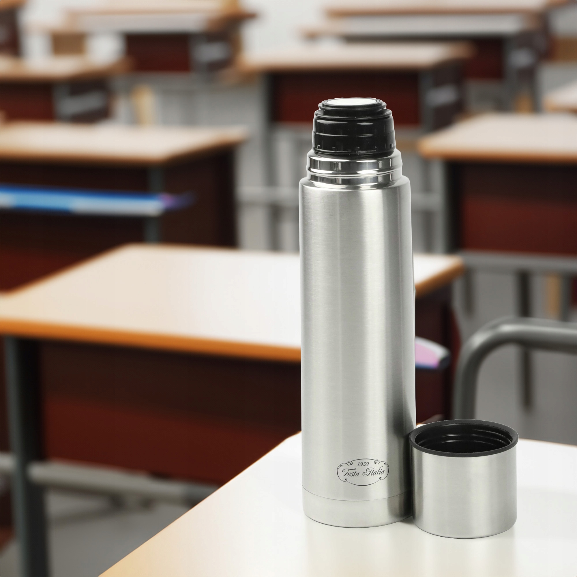 TERMOS SREBRNY TERMICZNY 750ML STAL NIERDZEWNA BIDON NA GORĄCE NAPOJE