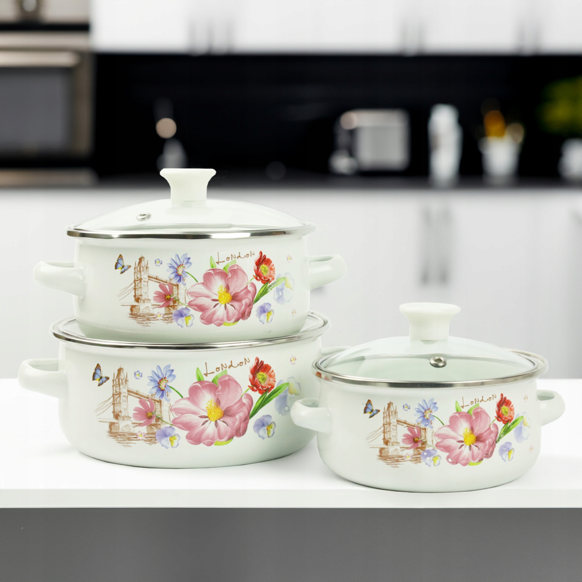 ZESTAW MAŁYCH GARNKÓW 0,7/1,2/1,7L EMALIOWANE WZÓR KWIATY GAZ INDUKCJA