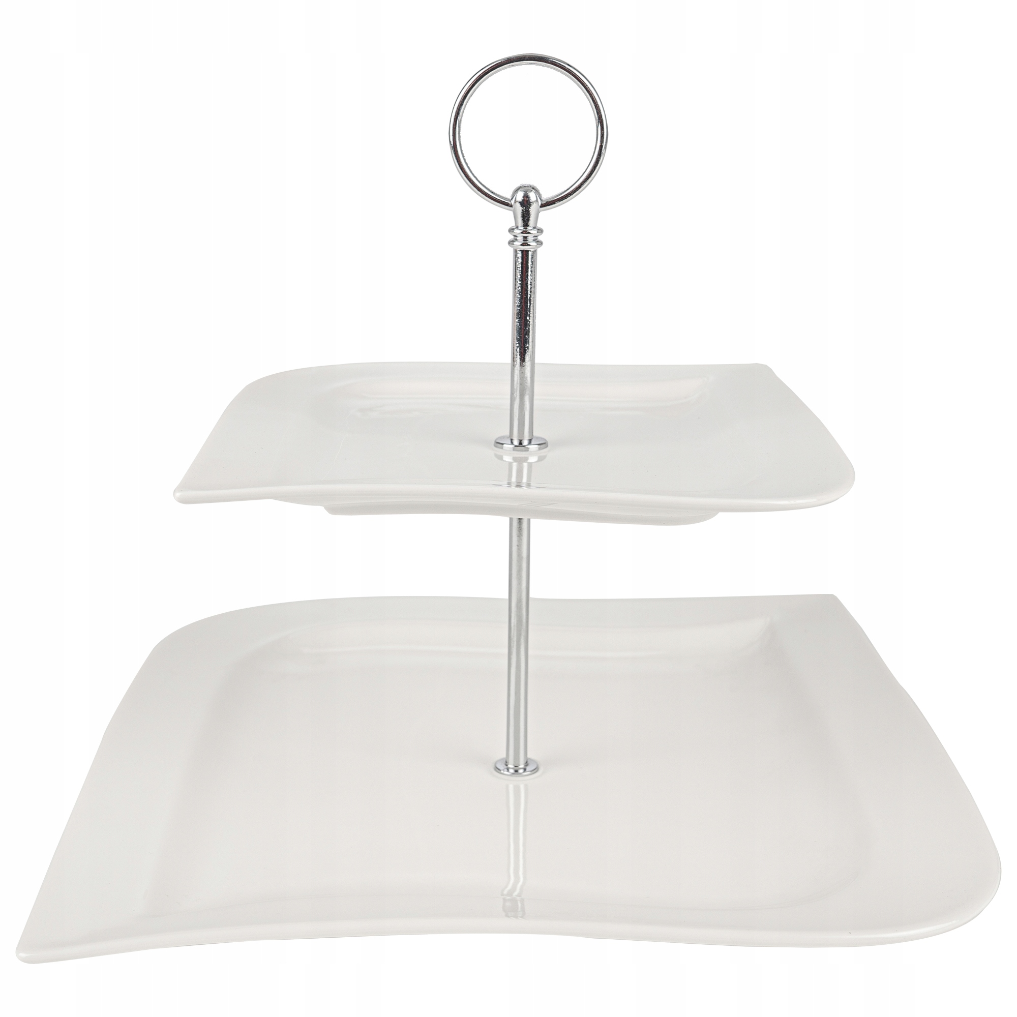 PATERA PORCELANOWA NOWOCZESNA BIAŁA 2 POZIOMOWA TACKA NA CIASTO SREBRNA