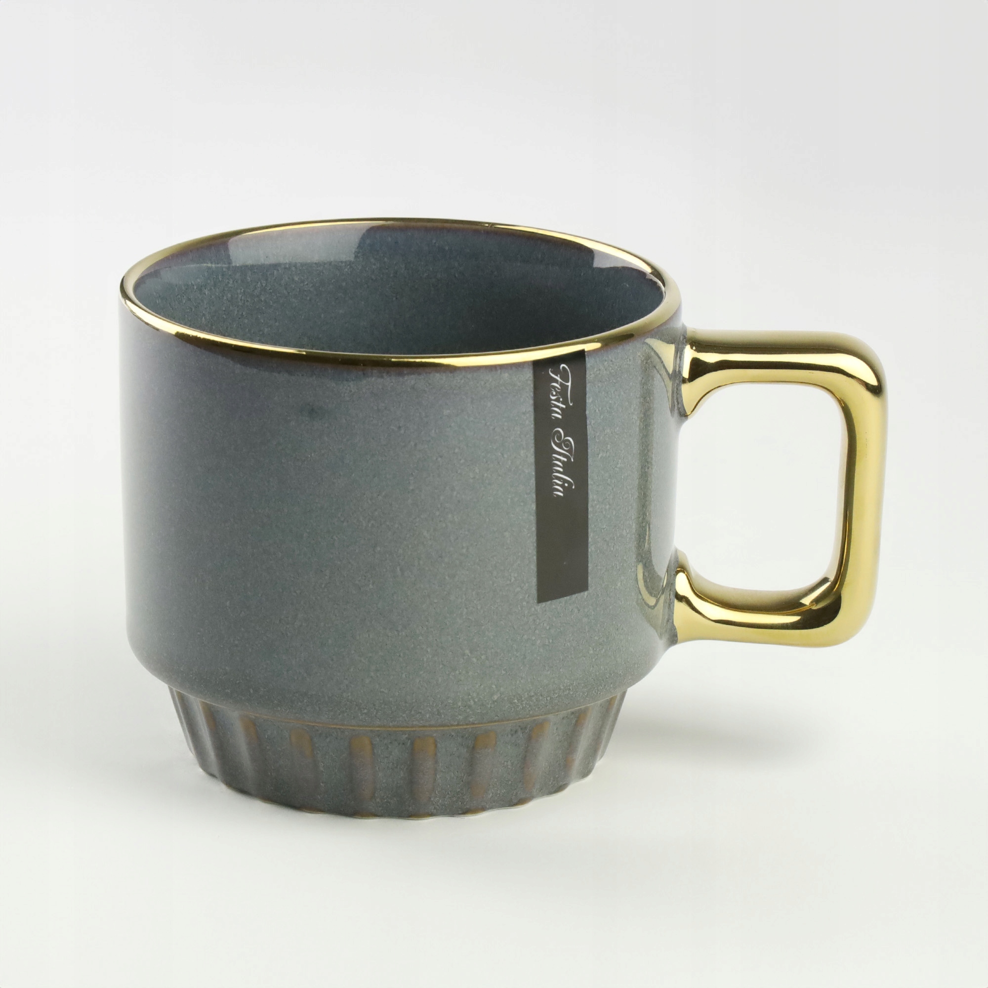 CERAMICZNY KUBEK NA KAWĘ HERBATĘ GRANATOWY ZDOBIONY ZE ZŁOTYM UCHEM 320ML