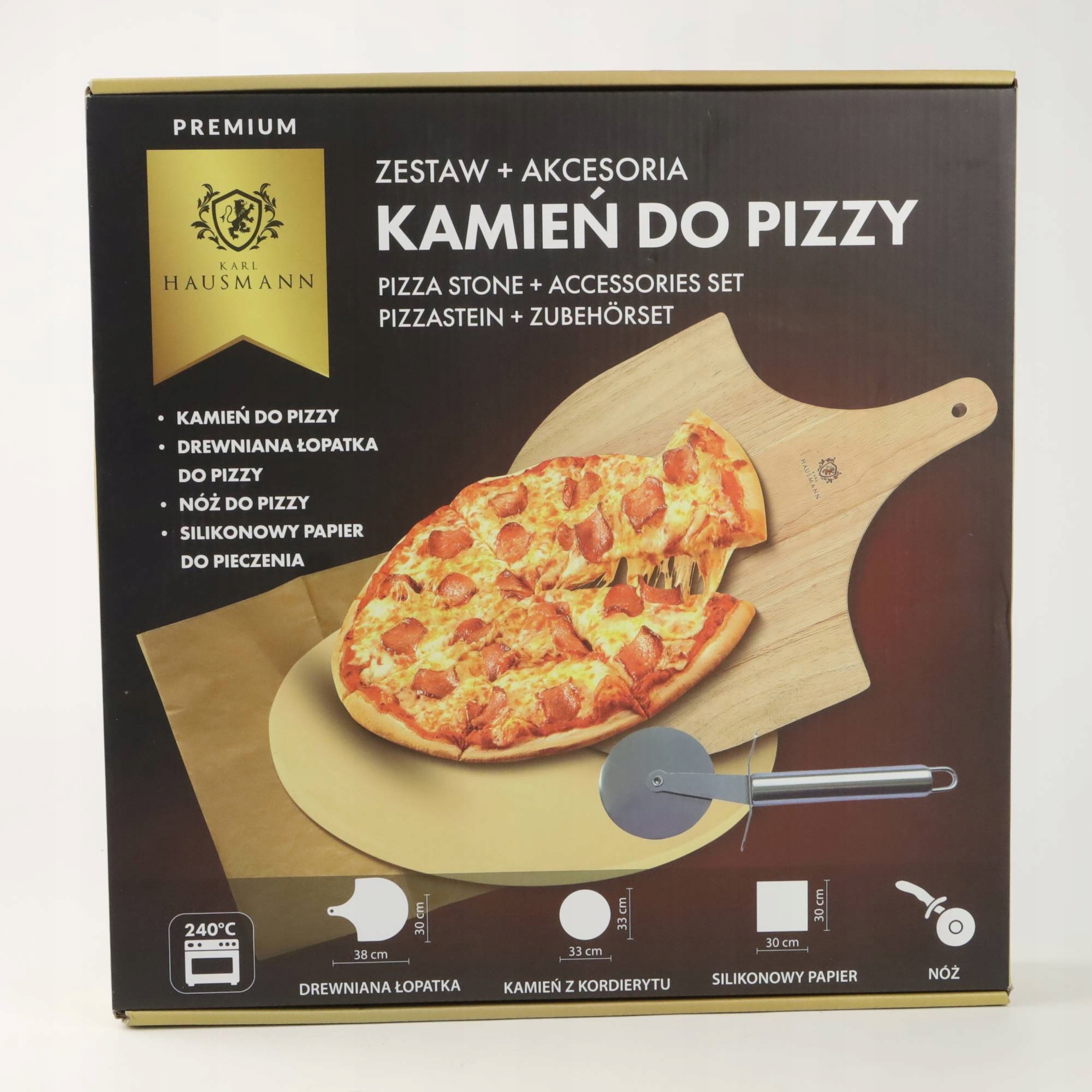 ZESTAW KAMIEŃ Z KORDIERYTU DO PIECZENIA PIZZY 33CM + AKCESORIA NÓŻ DESKA