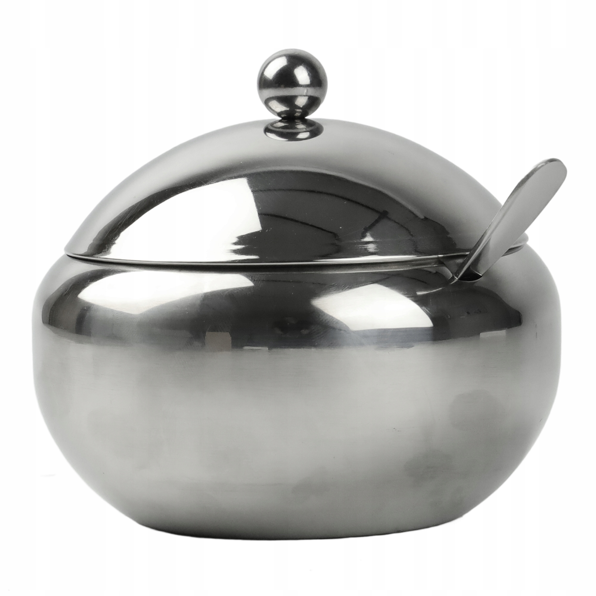 CUKIERNICA Z ŁYŻECZKĄ OKRĄGŁA STALOWA CUKIERNICZKA POJEMNIK NA CUKIER