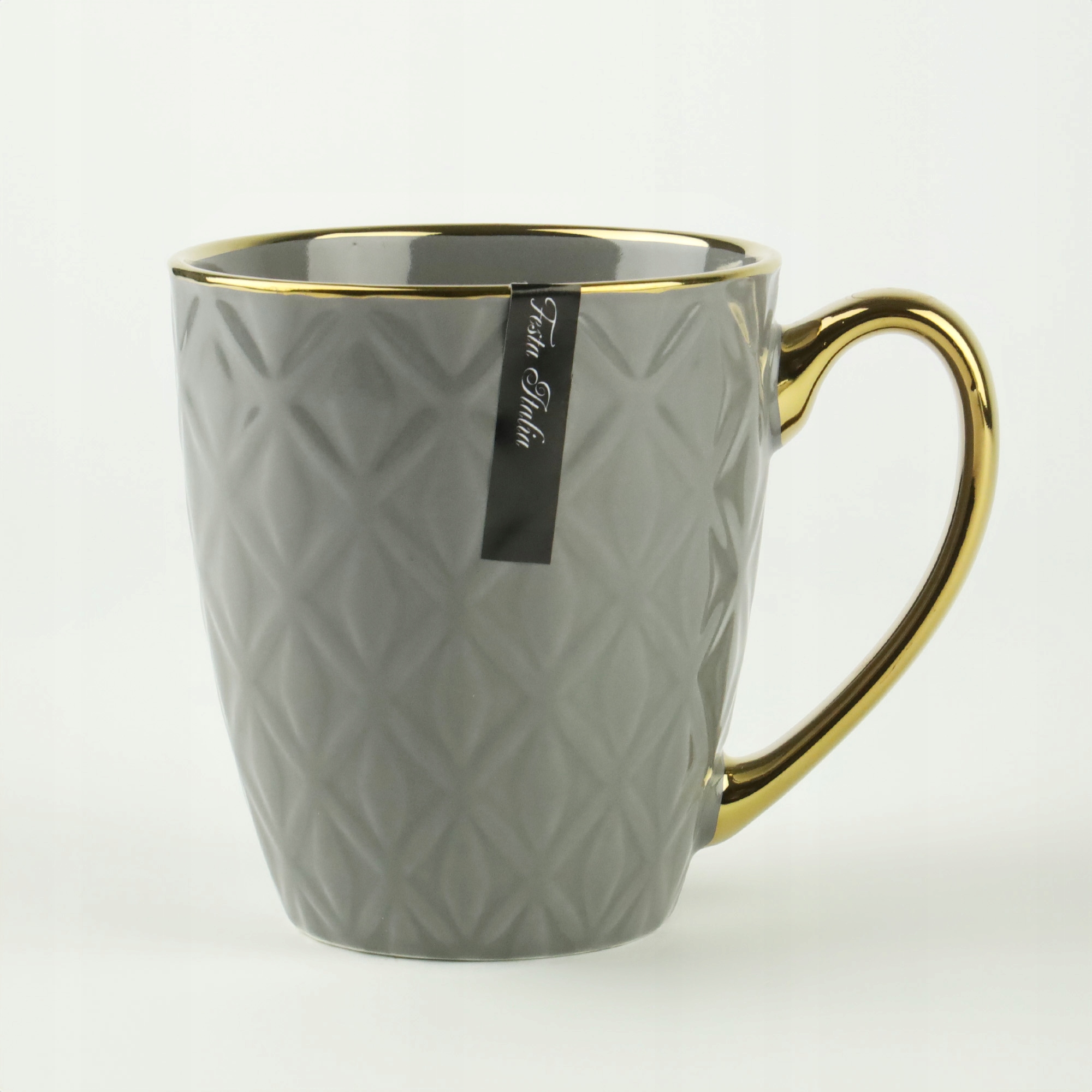 PORCELANOWY KUBEK NA KAWĘ HERBATĘ SZARY ZDOBIONY ZE ZŁOTYM UCHEM 360ML