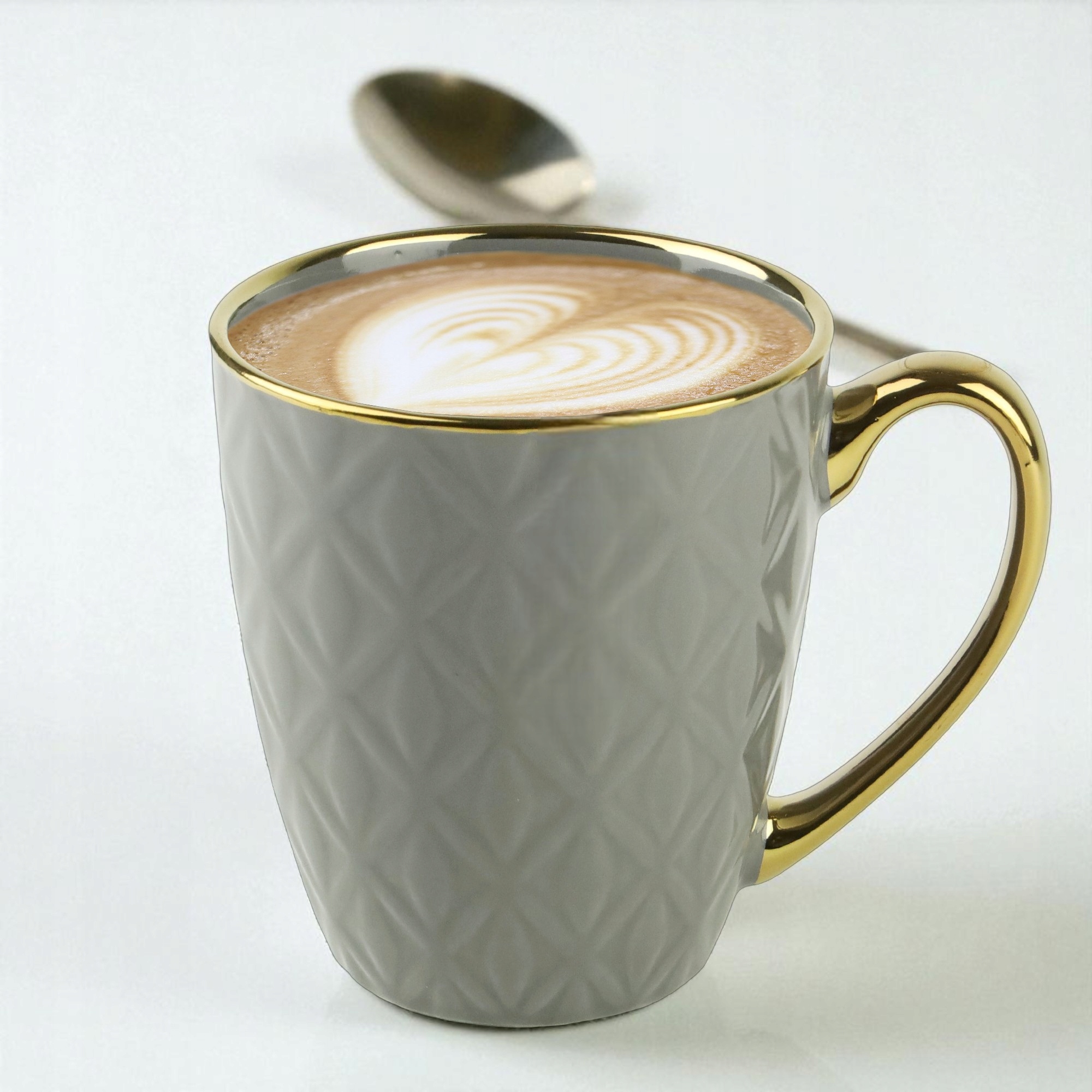 PORCELANOWY KUBEK NA KAWĘ HERBATĘ SZARY ZDOBIONY ZE ZŁOTYM UCHEM 360ML