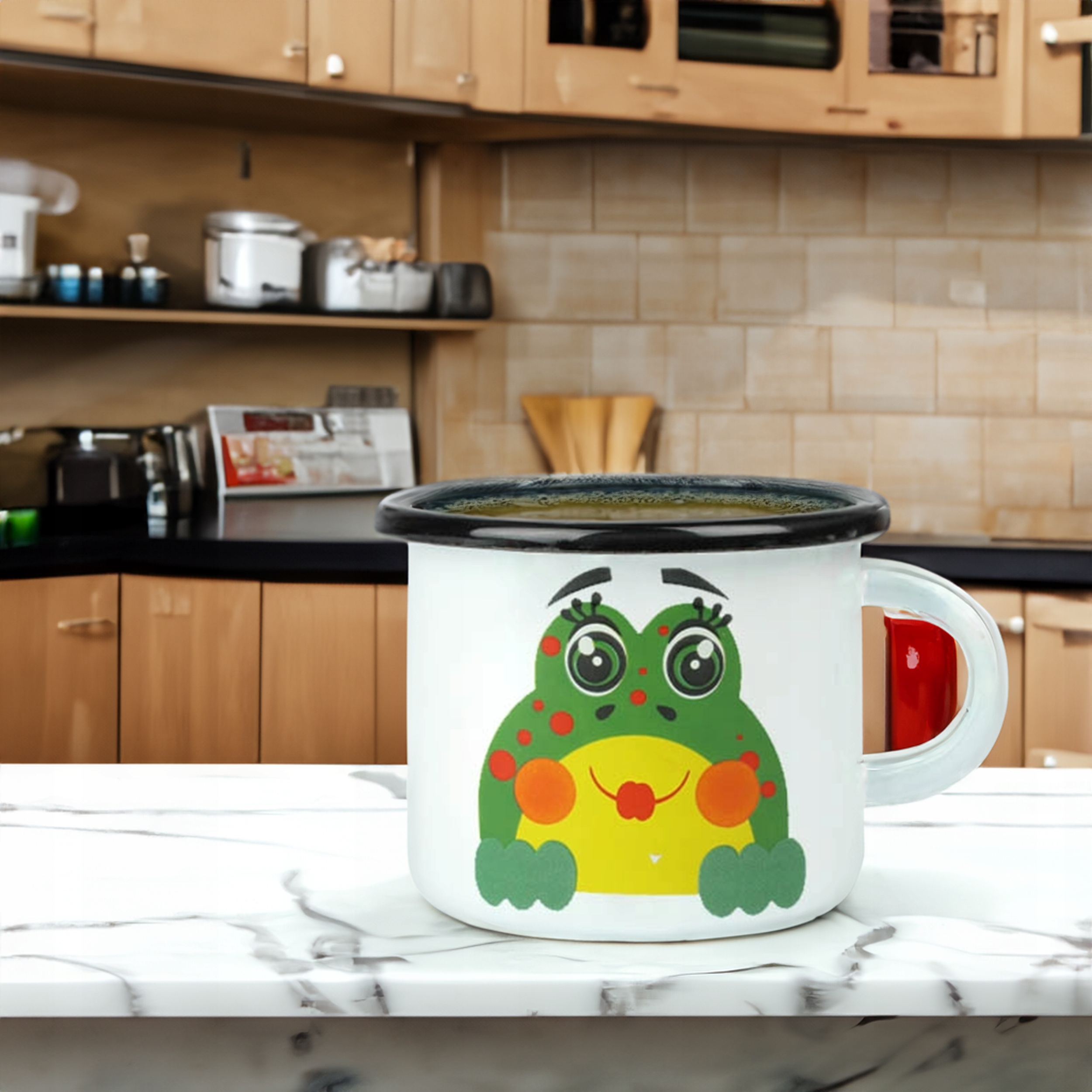 KUBEK EMALIOWANY 500ML Z UCHEM 9CM WZÓR ŻABKA ZDZISIA DO KAWY HERBATY