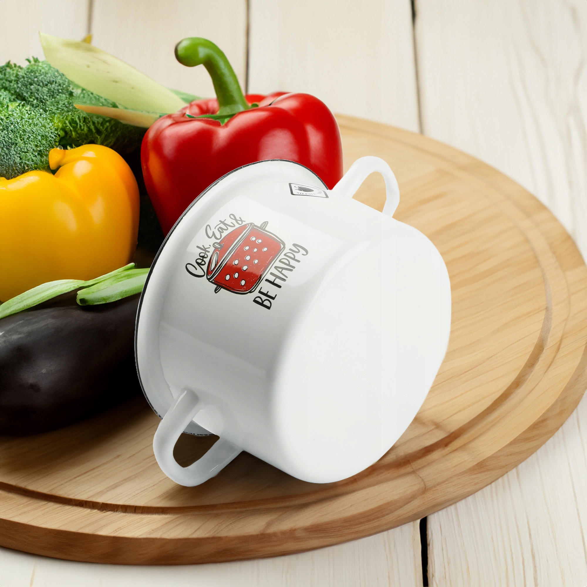 GARNEK TRADYCYJNY EMALIOWANY 3L BIAŁY PROSTY GAZ INDUKCJA WZÓR BE HAPPY