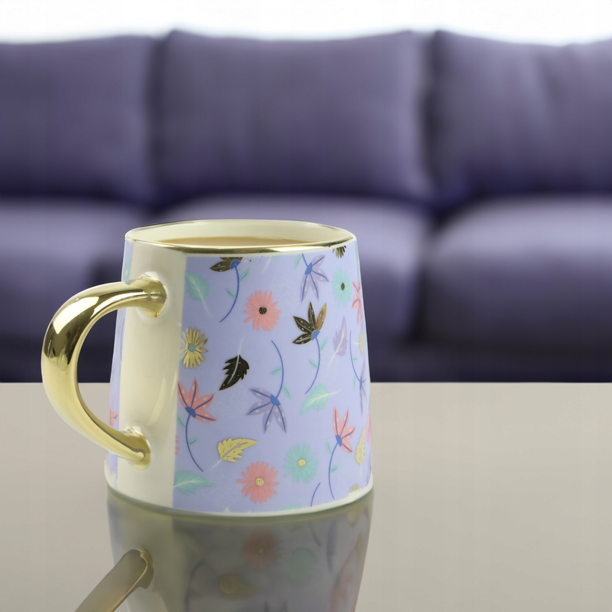 KUBEK PORCELANOWY DO KAWY HERBATY WZÓR KWIATY 400ML ZE ZŁOTYM UCHEM