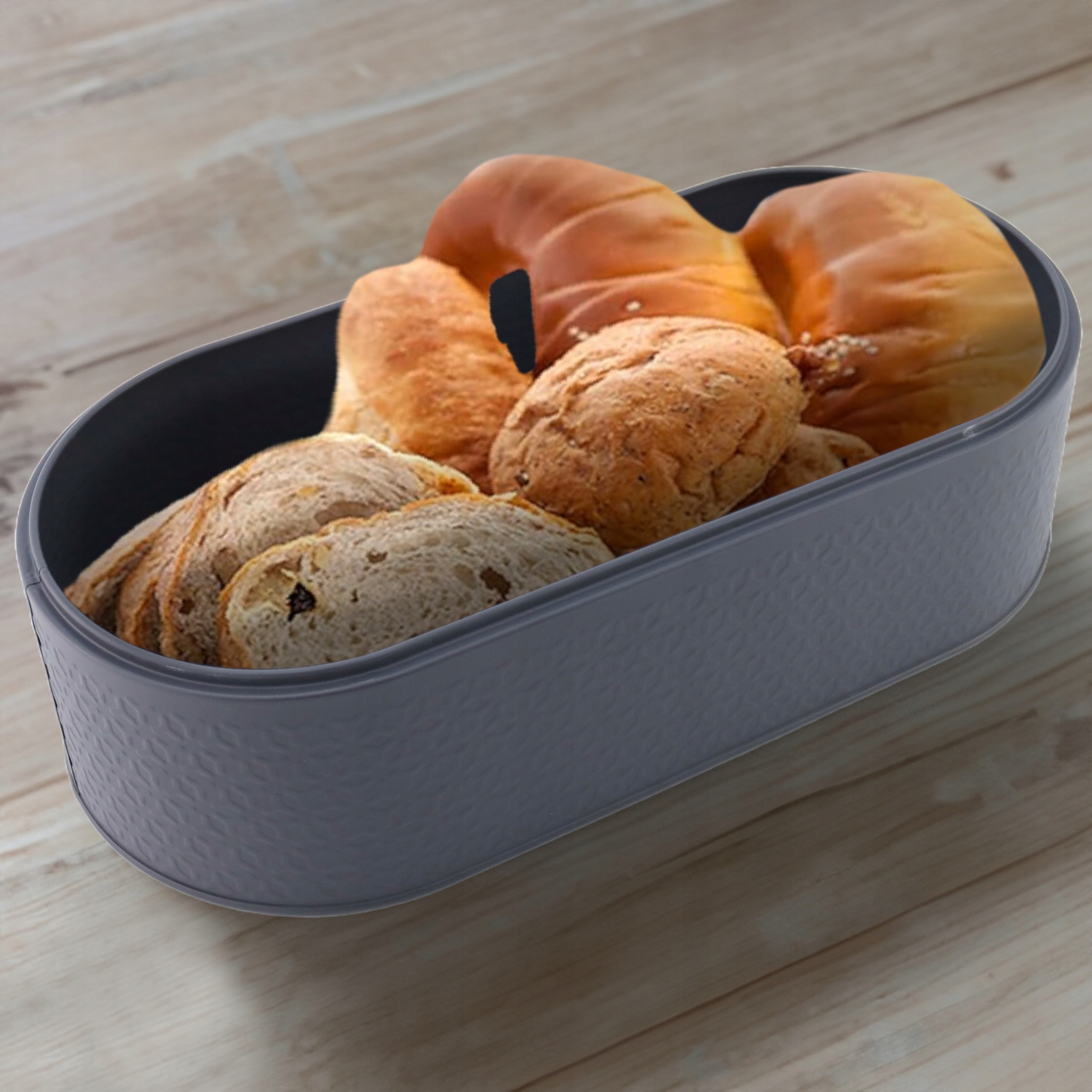 Chlebak pojemnik na pieczywo na chleb bułki stalowy deska bambusowa szary