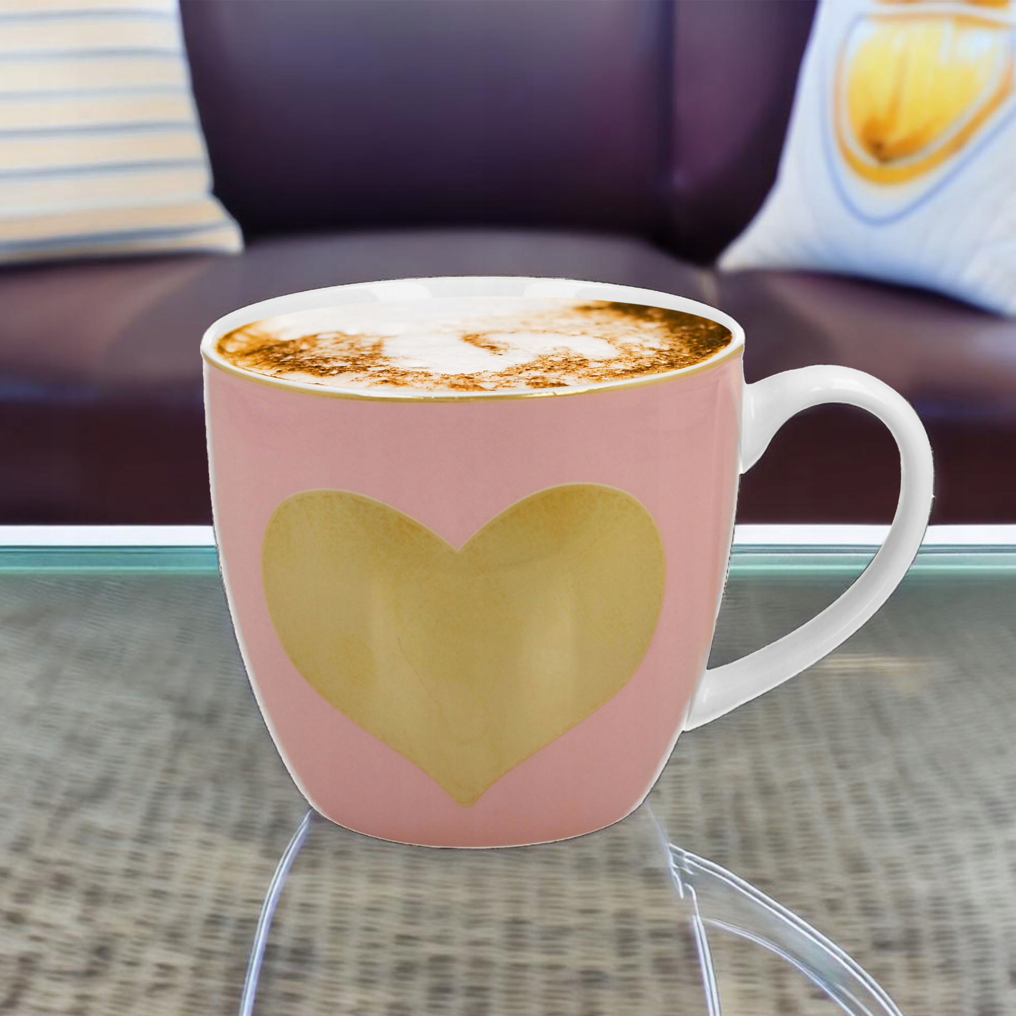 KUBEK RÓŻOWY SERCE DUŻY 460ML Z UCHEM UNIWERSALNY PORCELANA DO KAWY HERBATY