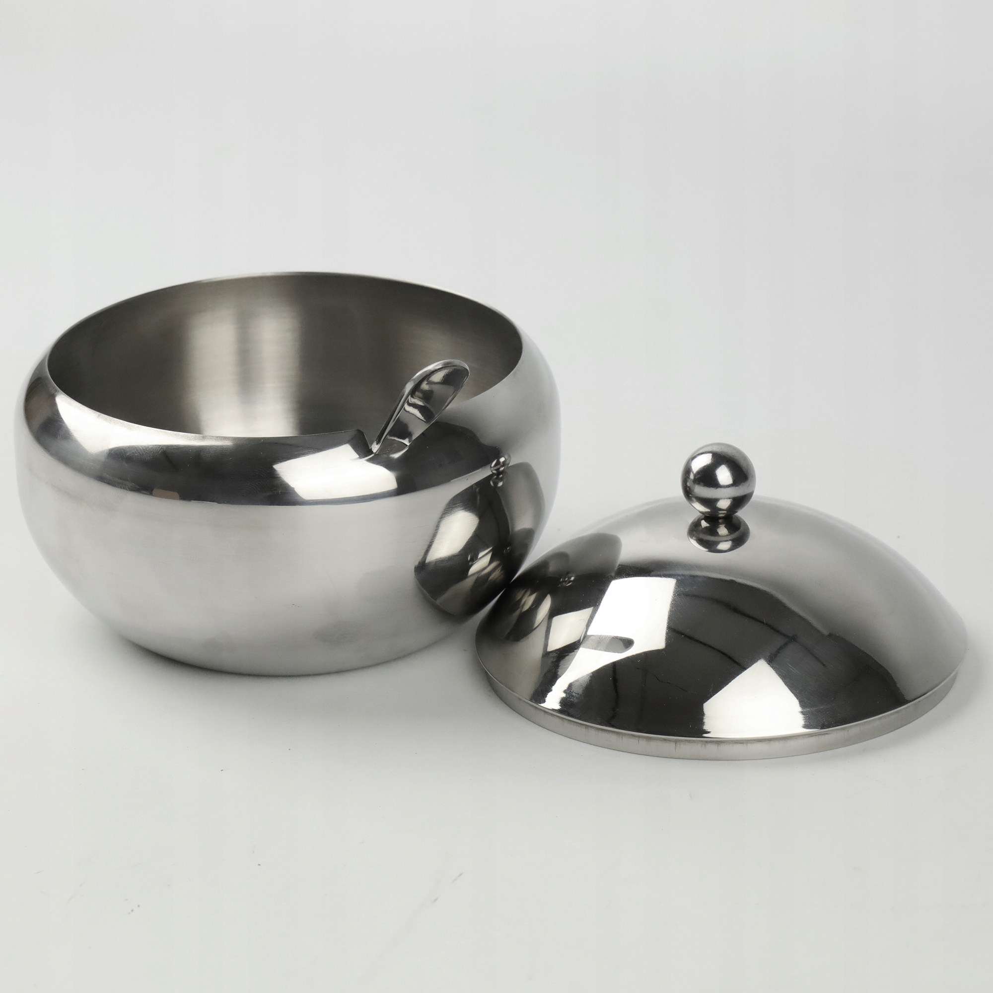 CUKIERNICA Z ŁYŻECZKĄ OKRĄGŁA STALOWA CUKIERNICZKA POJEMNIK NA CUKIER