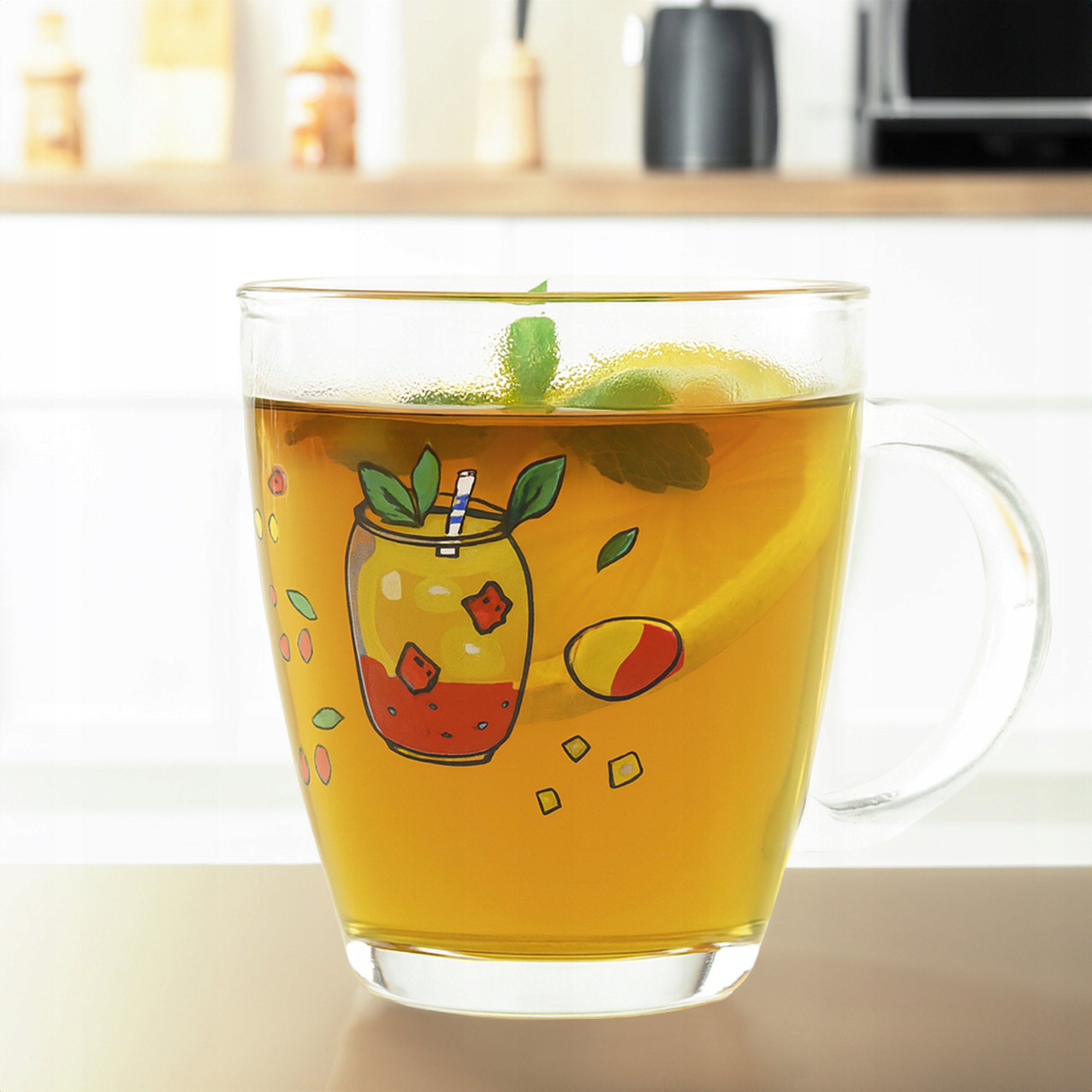 SZKLANKA Z UCHEM KUBEK SZKLANY TRADYCYJNY DO KAWY HERBATY 320 ML Z WZOREM