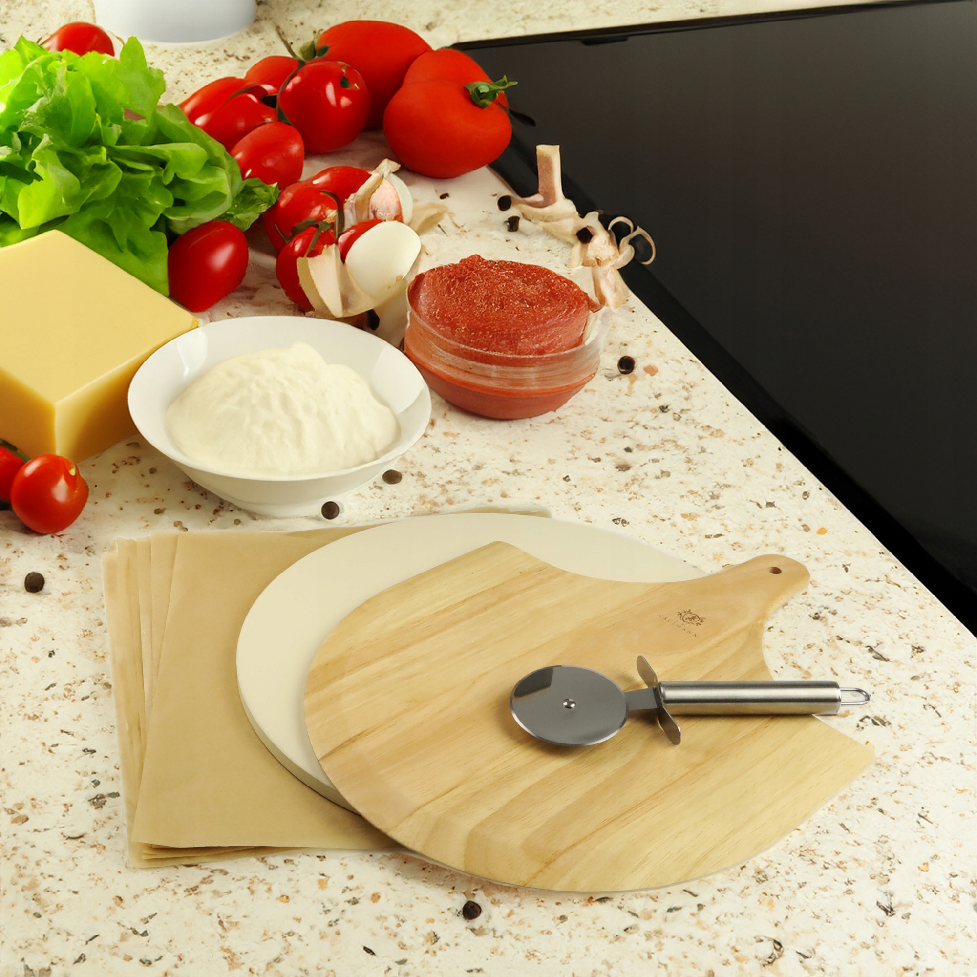 ZESTAW KAMIEŃ Z KORDIERYTU DO PIECZENIA PIZZY 33CM + AKCESORIA NÓŻ DESKA