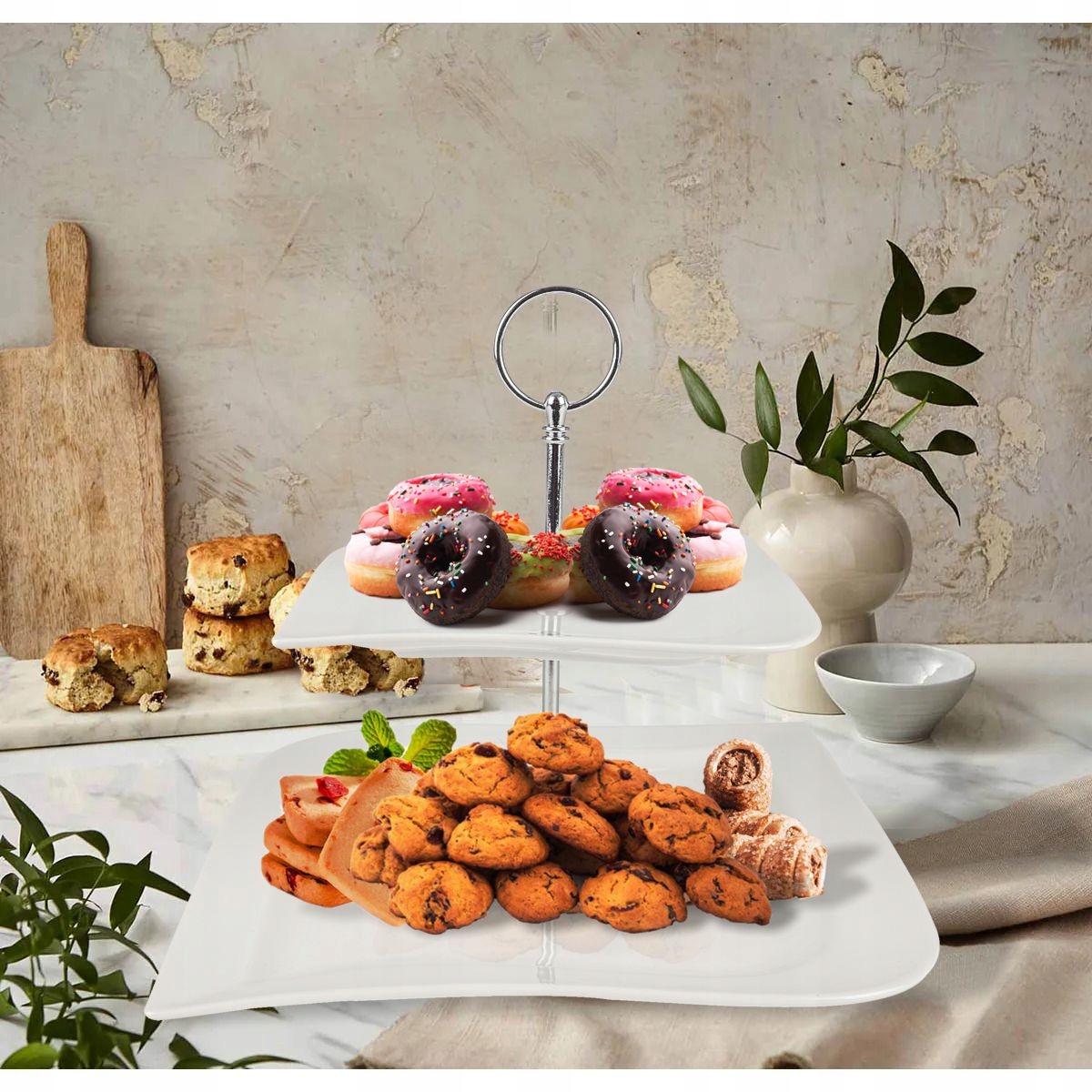 PATERA PORCELANOWA NOWOCZESNA BIAŁA 2 POZIOMOWA TACKA NA CIASTO SREBRNA