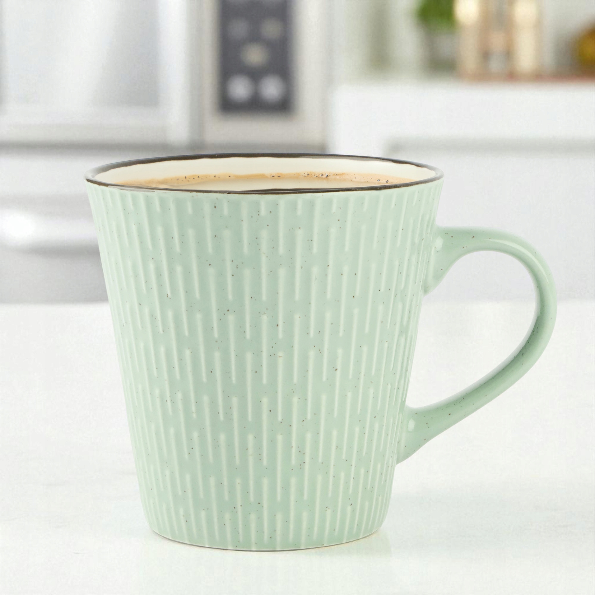 CERAMICZNY KUBEK NA KAWĘ HERBATĘ MIĘTOWY ZDOBIONY W WZÓR KRESKI 340 ML