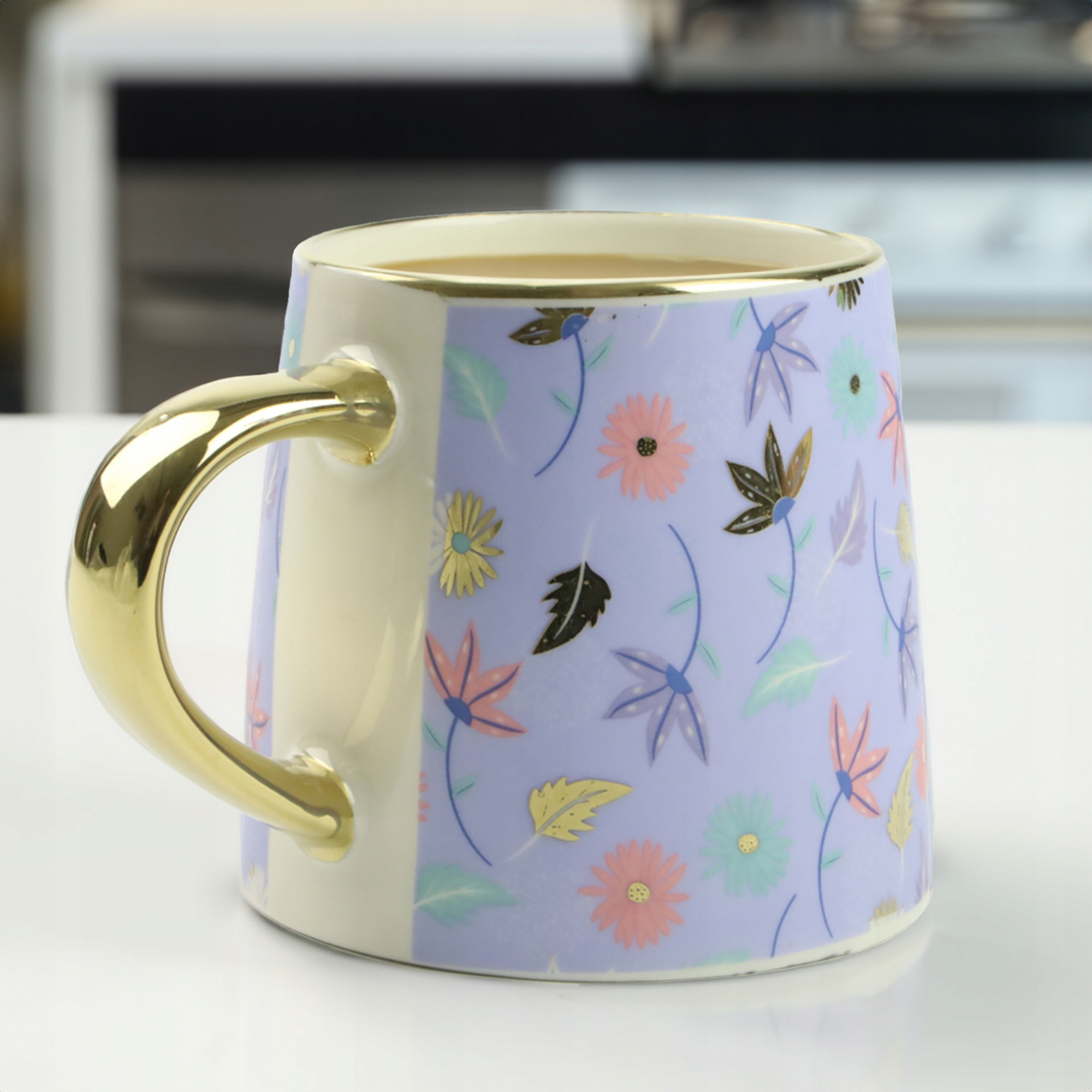 KUBEK PORCELANOWY DO KAWY HERBATY WZÓR KWIATY 400ML ZE ZŁOTYM UCHEM