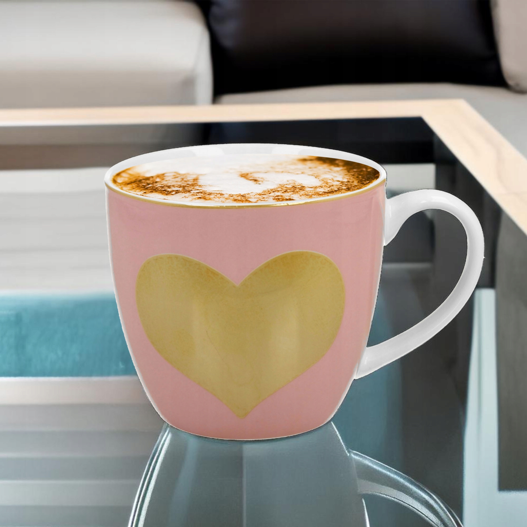 KUBEK RÓŻOWY SERCE DUŻY 460ML Z UCHEM UNIWERSALNY PORCELANA DO KAWY HERBATY