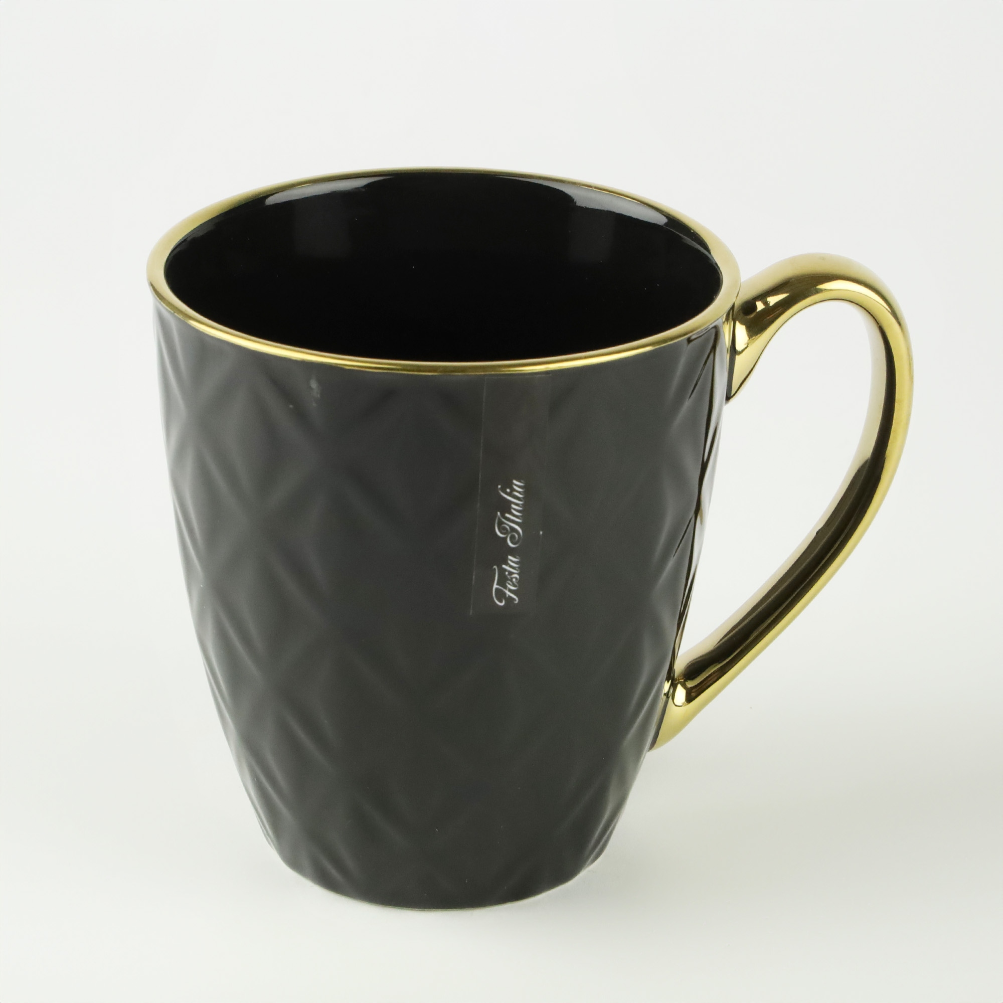 PORCELANOWY KUBEK NA KAWĘ HERBATĘ CZARNY ZDOBIONY ZE ZŁOTYM UCHEM 360ML