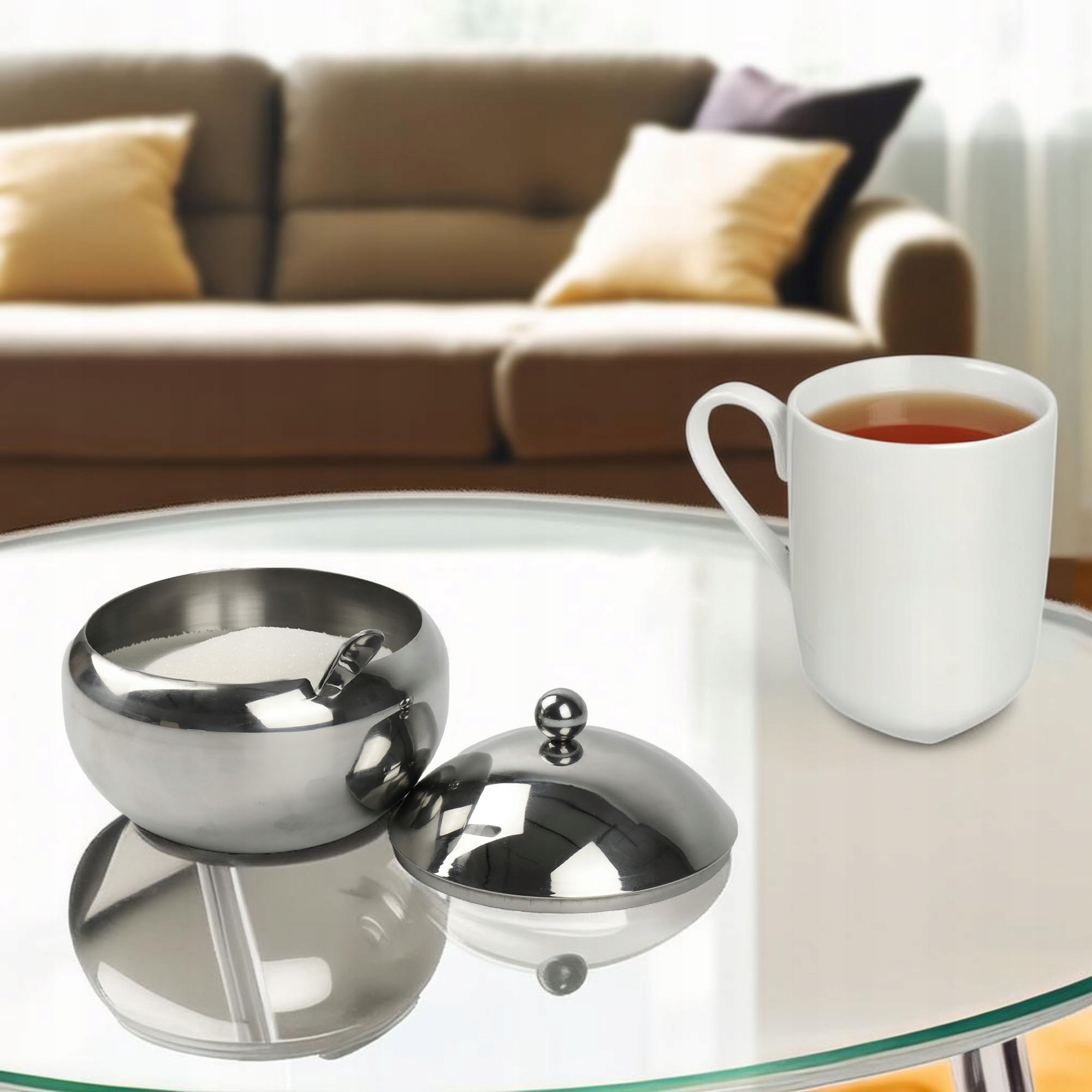 CUKIERNICA Z ŁYŻECZKĄ OKRĄGŁA STALOWA CUKIERNICZKA POJEMNIK NA CUKIER