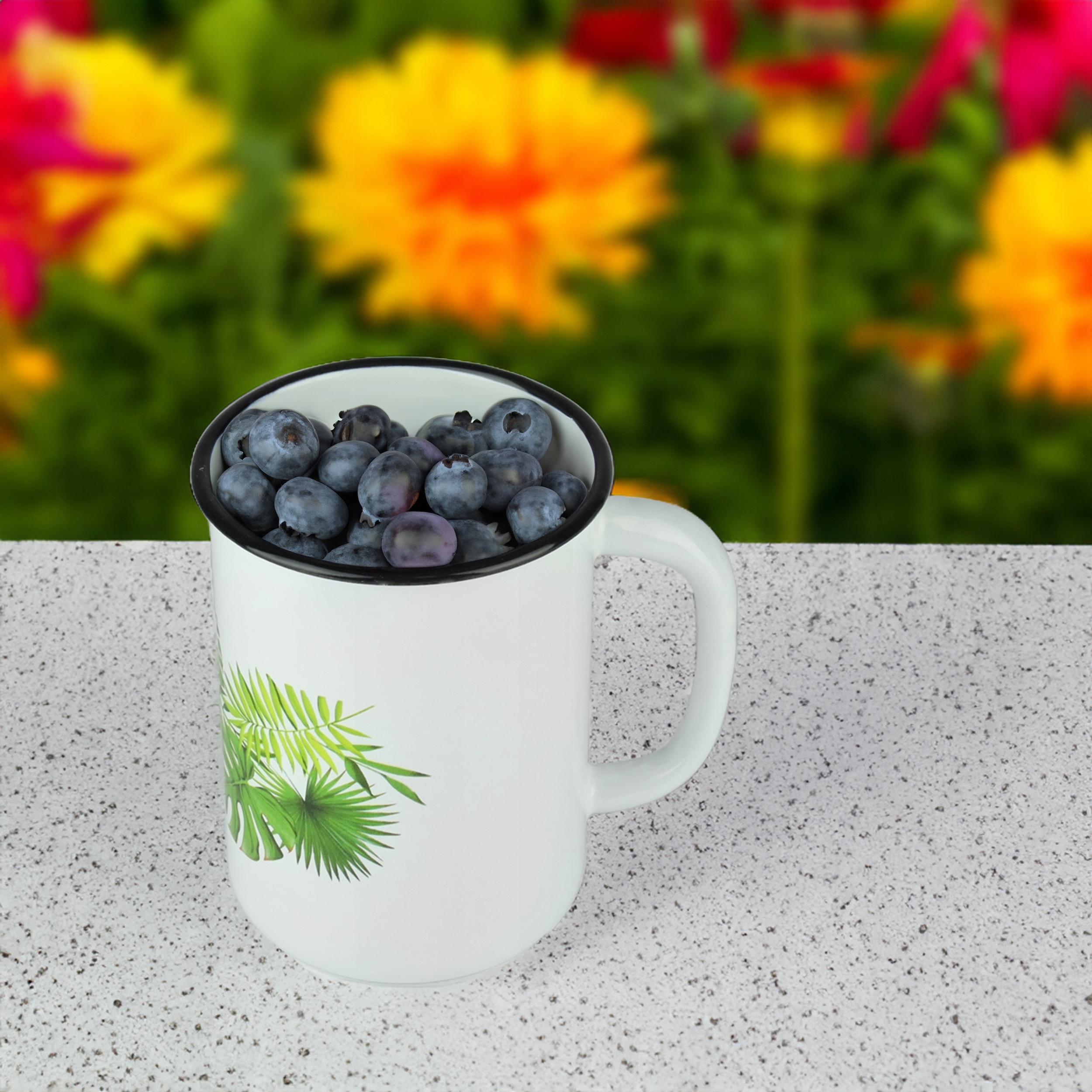 KUBEK GŁADKI EMALIOWANY 1,5L WZÓR MONSTERA IDEALNY DO NAPOJÓW KOMPOTU MLEKA