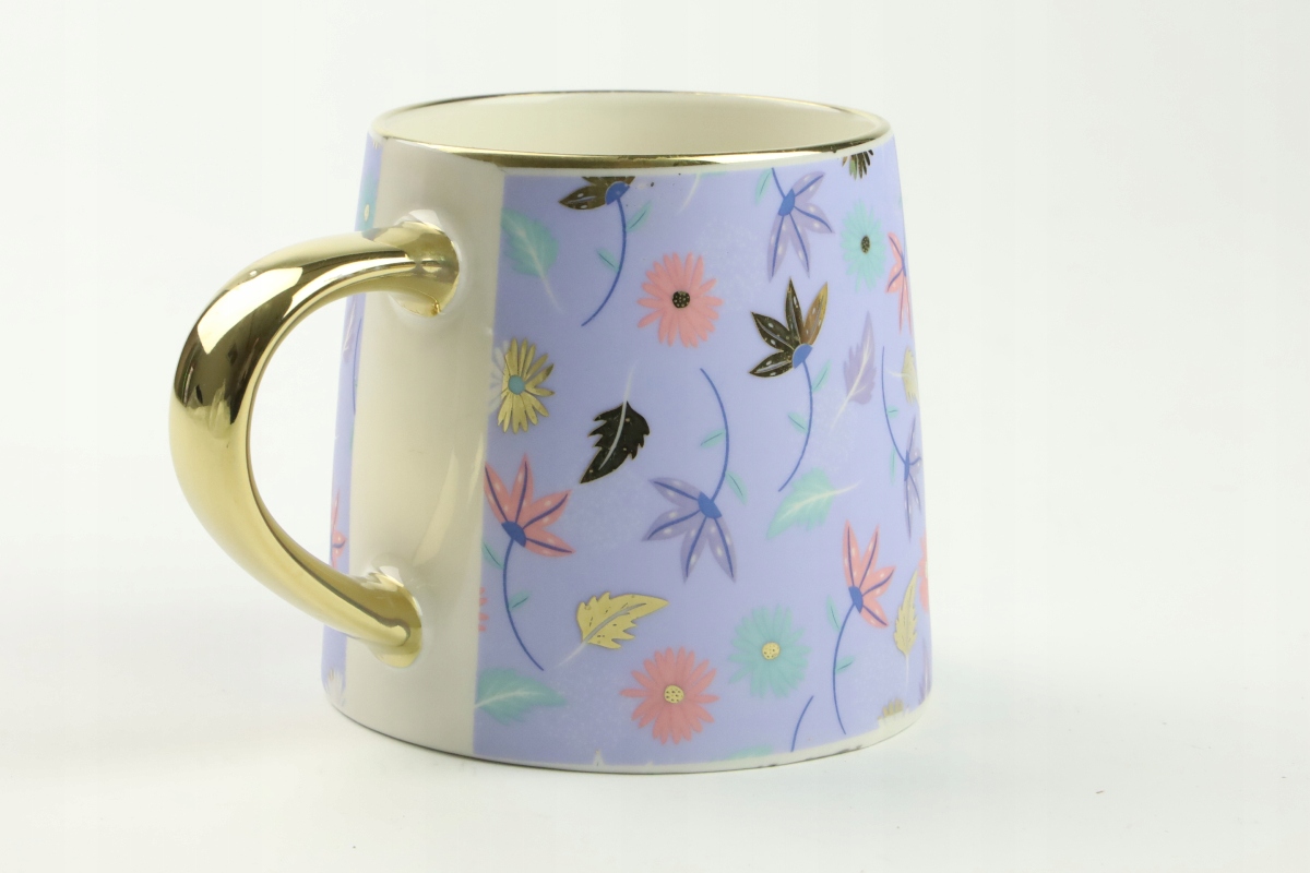 KUBEK PORCELANOWY DO KAWY HERBATY WZÓR KWIATY 400ML ZE ZŁOTYM UCHEM