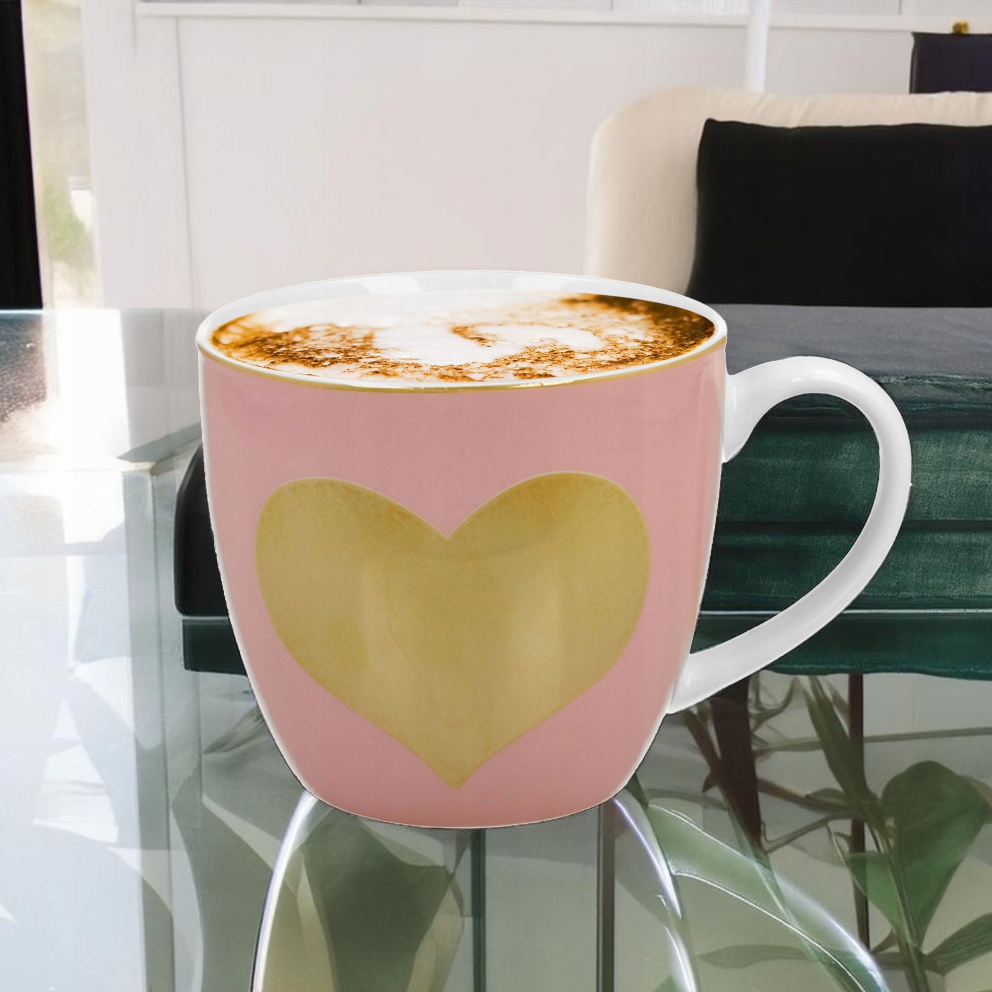 KUBEK RÓŻOWY SERCE DUŻY 460ML Z UCHEM UNIWERSALNY PORCELANA DO KAWY HERBATY