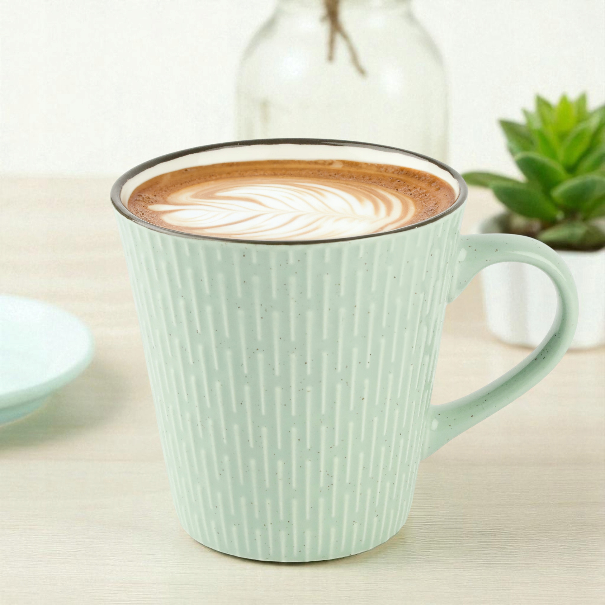 CERAMICZNY KUBEK NA KAWĘ HERBATĘ MIĘTOWY ZDOBIONY W WZÓR KRESKI 340 ML