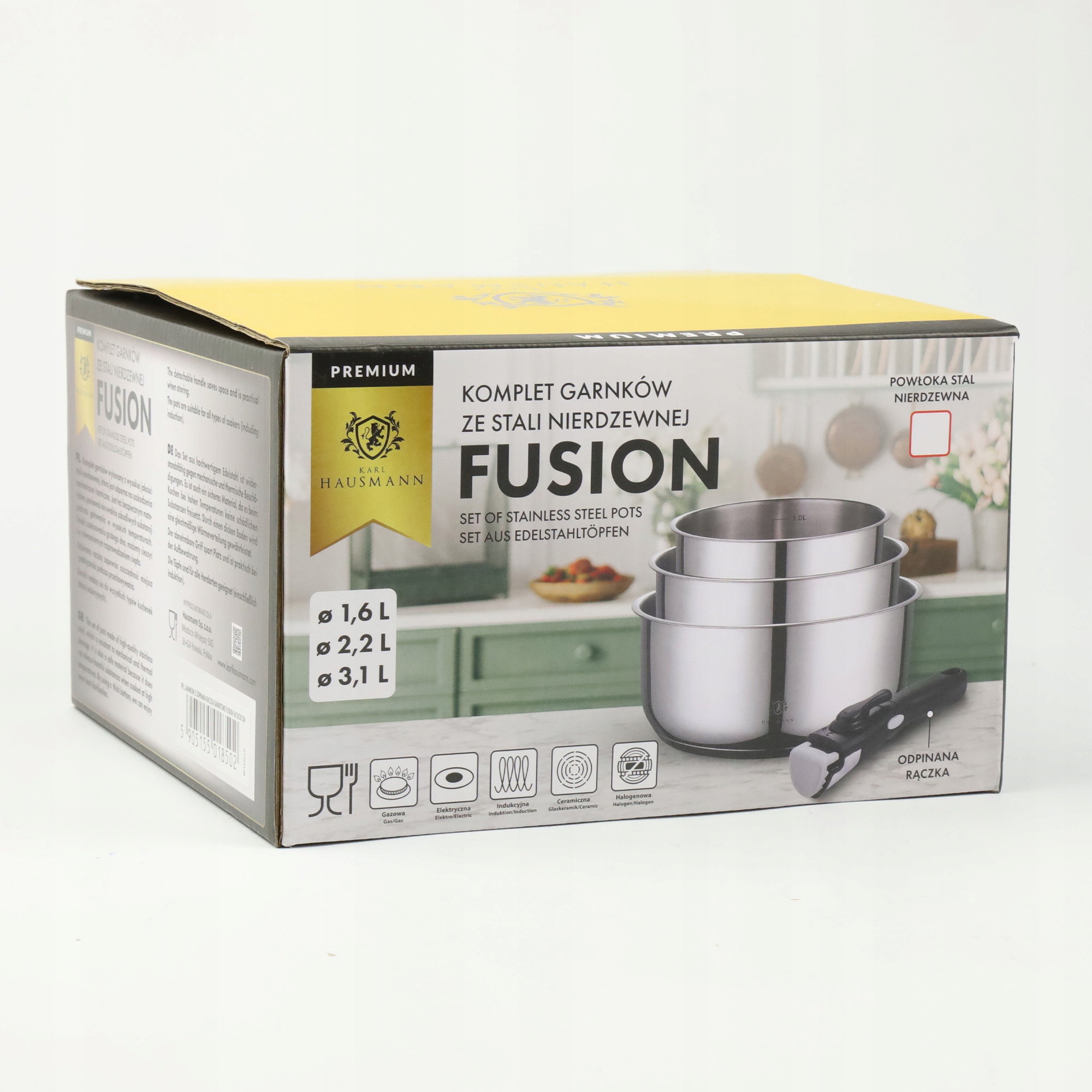 ZESTAW GARNKÓW STALOWYCH GARNKI Z ODPINANĄ RĄCZKĄ 3 SZT FUSION 1,6/2,2/3,1L