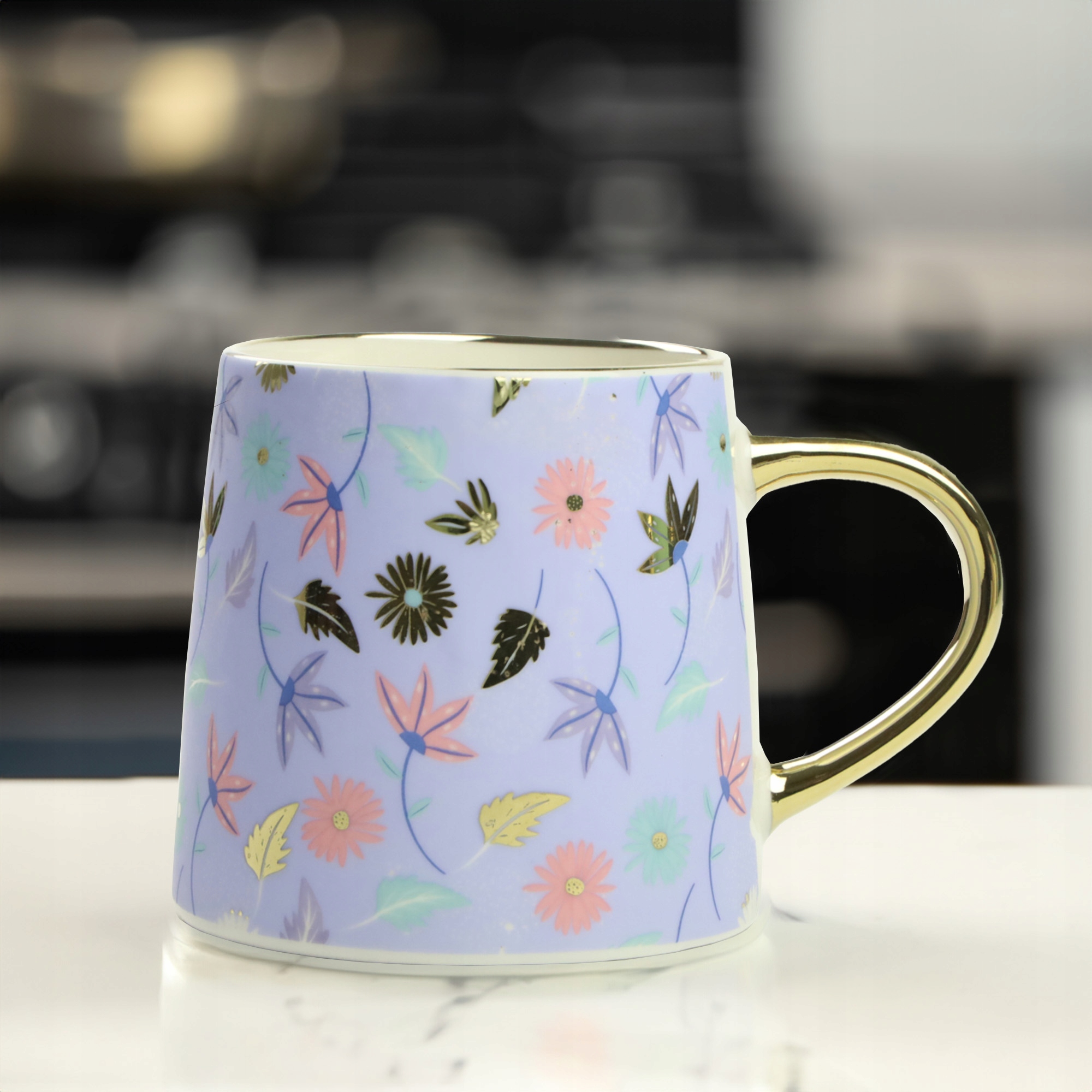 KUBEK PORCELANOWY DO KAWY HERBATY WZÓR KWIATY 400ML ZE ZŁOTYM UCHEM