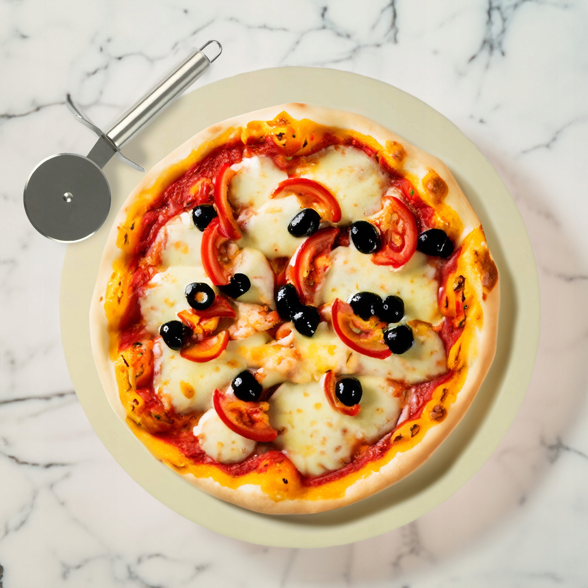 ZESTAW KAMIEŃ Z KORDIERYTU DO PIECZENIA PIZZY 33CM + AKCESORIA NÓŻ DESKA