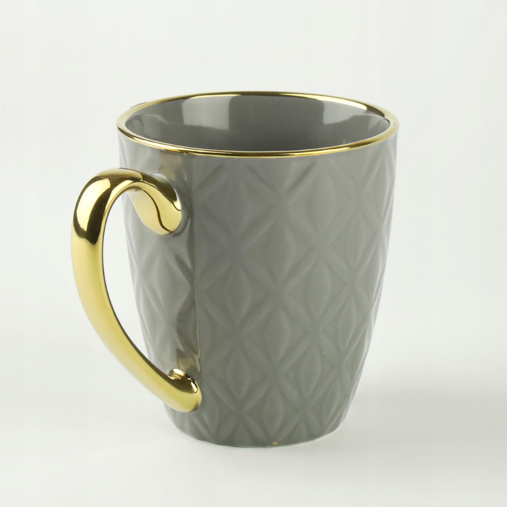 PORCELANOWY KUBEK NA KAWĘ HERBATĘ SZARY ZDOBIONY ZE ZŁOTYM UCHEM 360ML