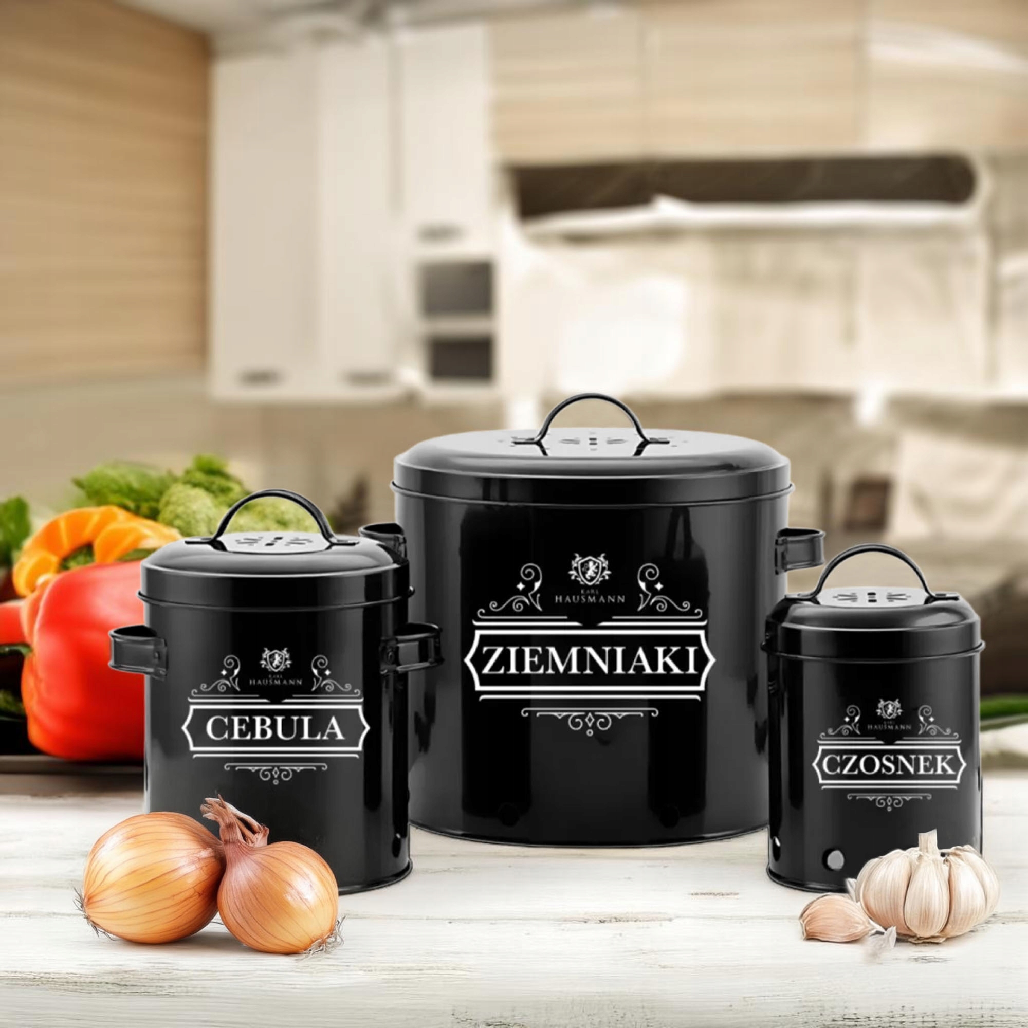 KOMPLET 3 POJEMNIKI METALOWE NA PRZECHOWYWANIE CEBULI CZOSNKU ZIEMNIAKÓW