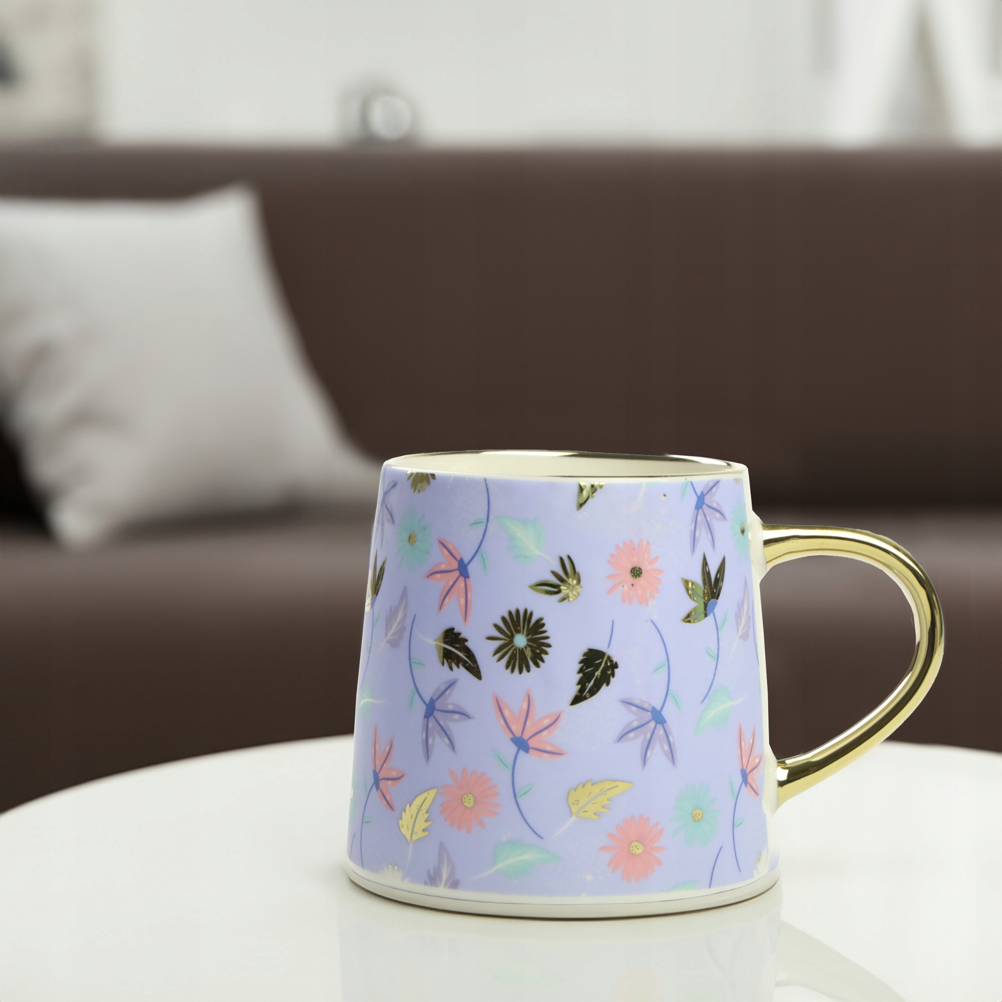 KUBEK PORCELANOWY DO KAWY HERBATY WZÓR KWIATY 400ML ZE ZŁOTYM UCHEM