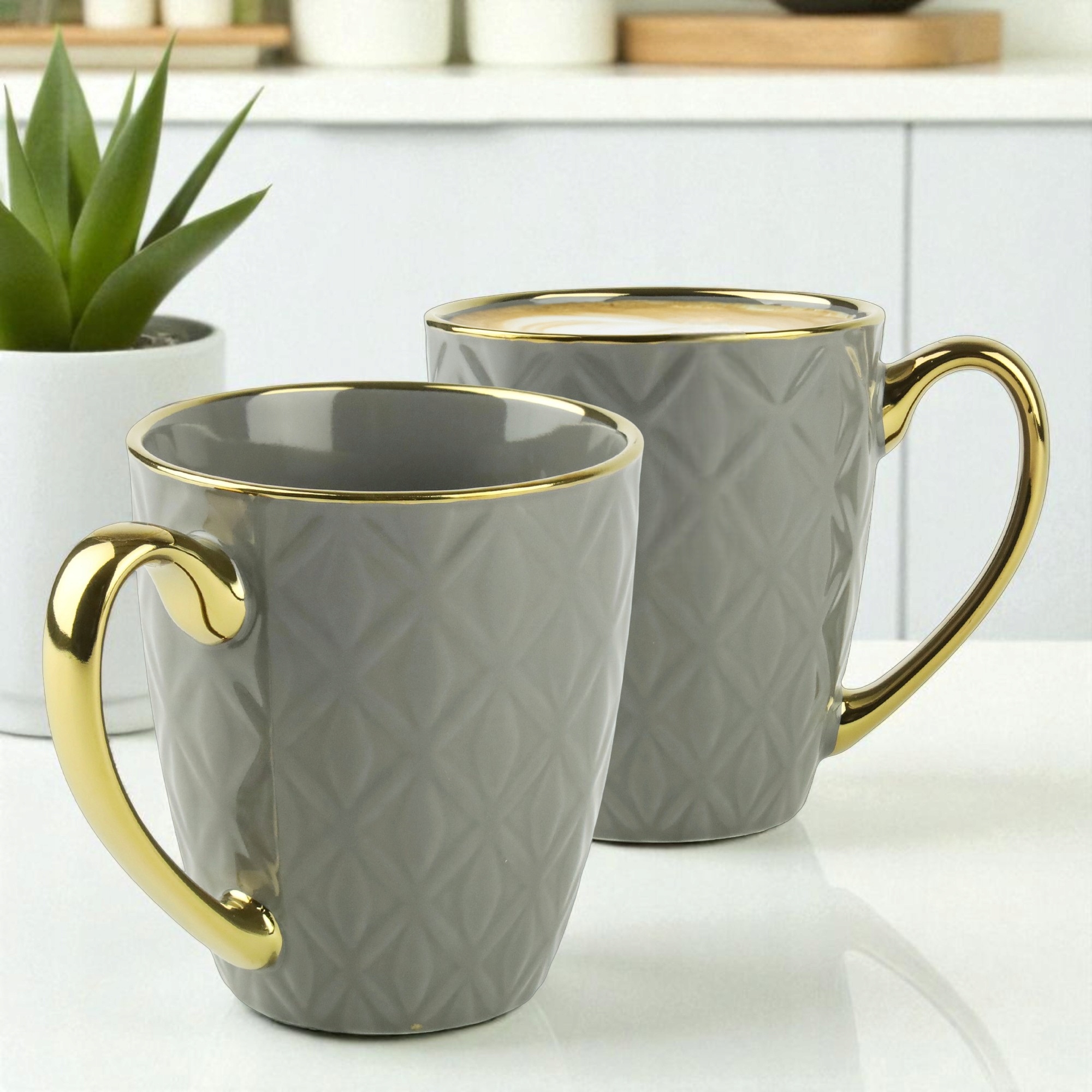 PORCELANOWY KUBEK NA KAWĘ HERBATĘ SZARY ZDOBIONY ZE ZŁOTYM UCHEM 360ML