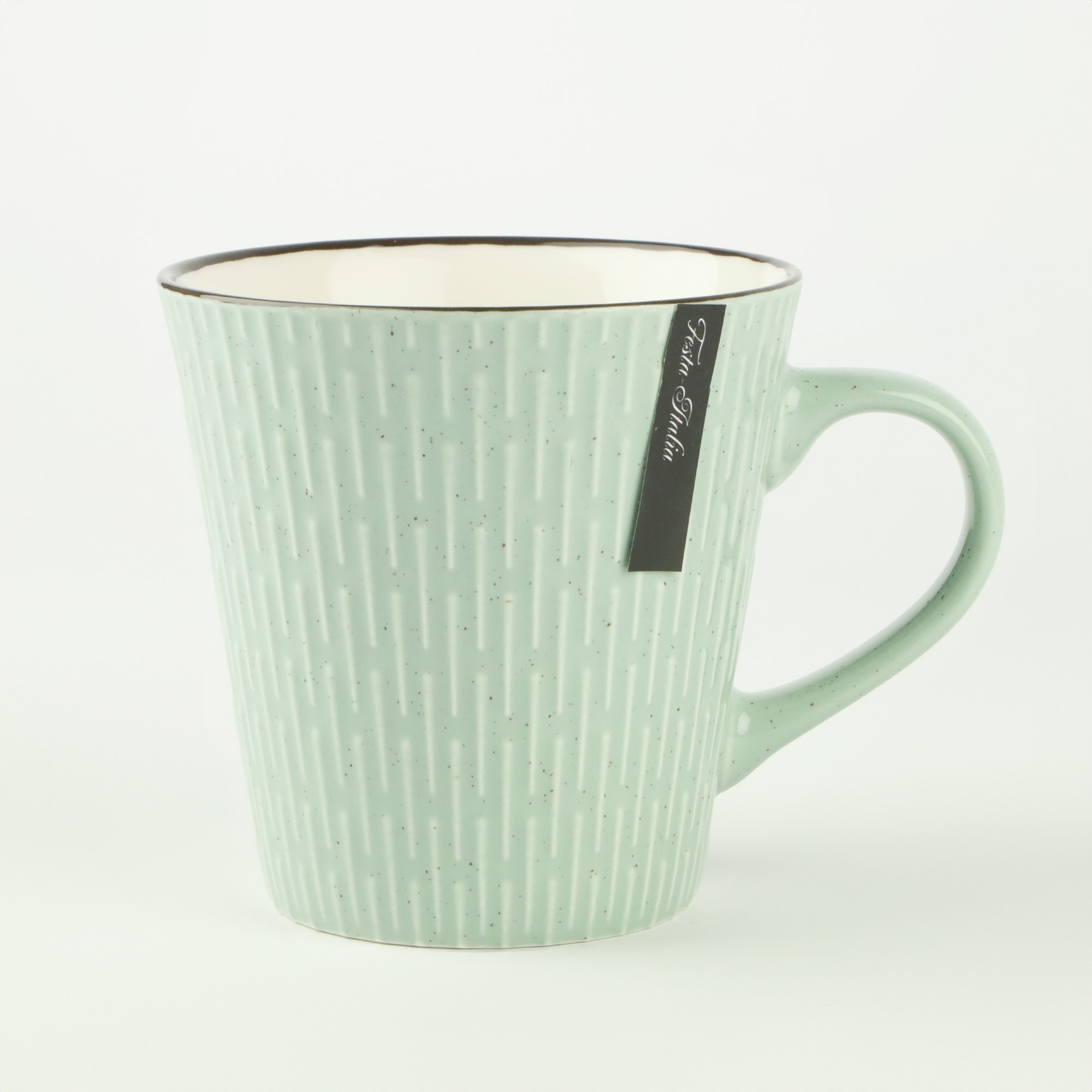 CERAMICZNY KUBEK NA KAWĘ HERBATĘ MIĘTOWY ZDOBIONY W WZÓR KRESKI 340 ML