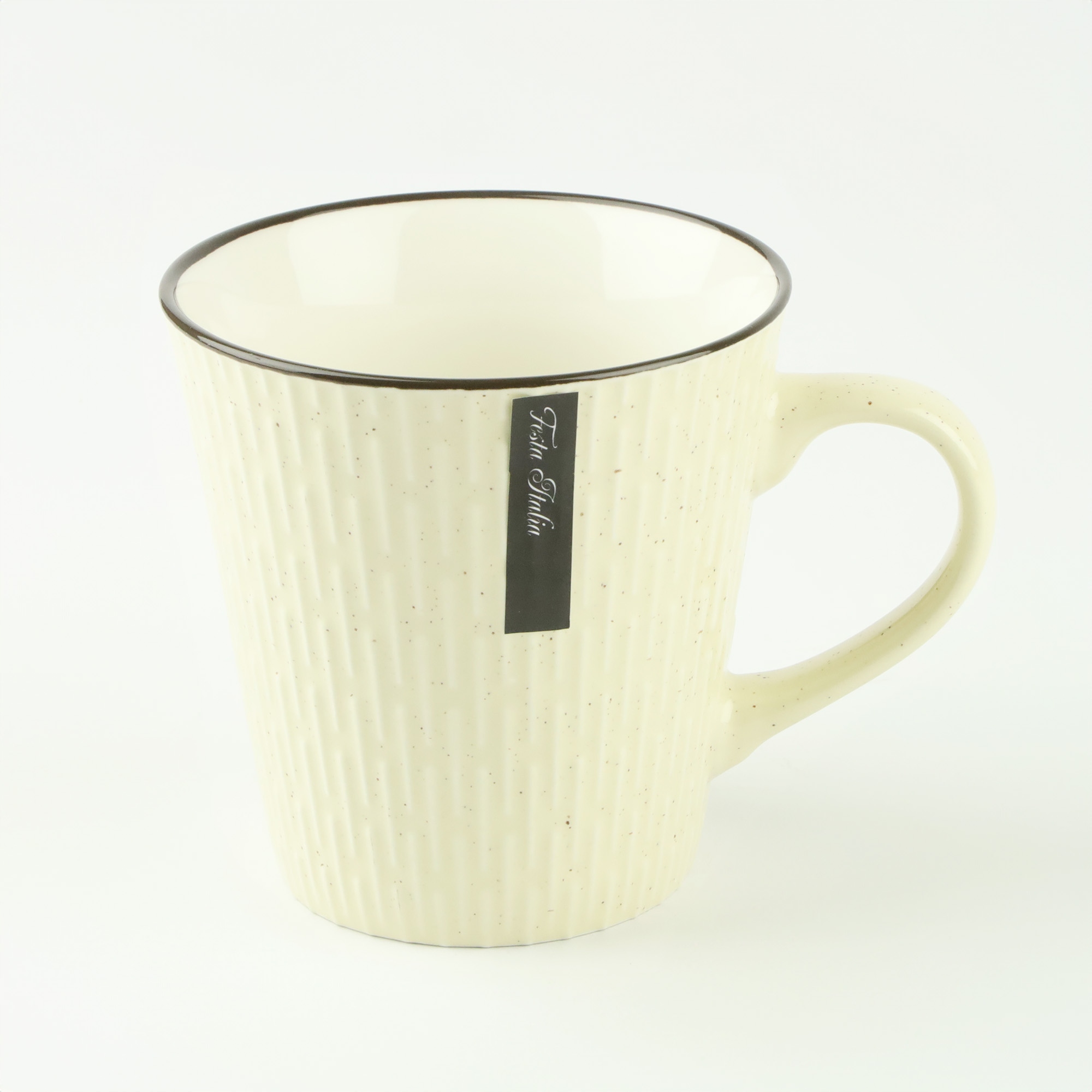 CERAMICZNY KUBEK NA KAWĘ HERBATĘ BEŻOWY ZDOBIONY WE WZÓR KRESKI 340 ML