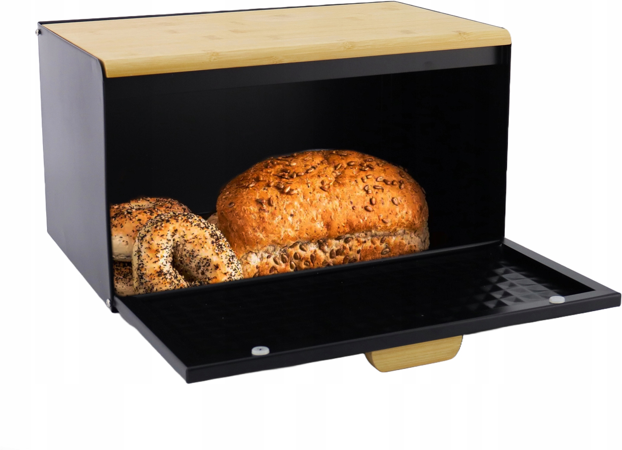 Chlebak pojemnik na pieczywo na chleb bułki stalowy deska bambusowa czarny