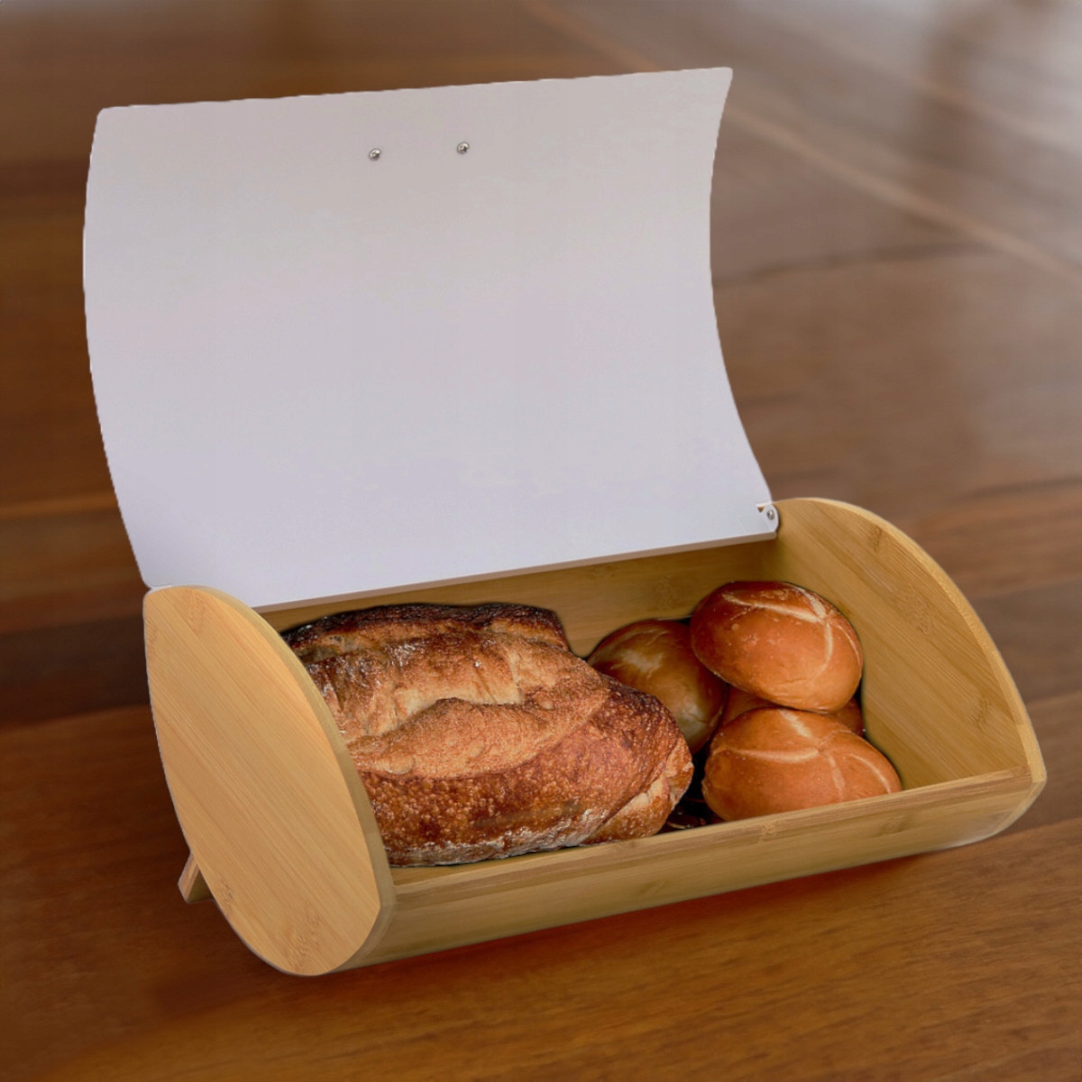 Chlebak pojemnik na pieczywo na chleb bułki stalowy bambusowy biały